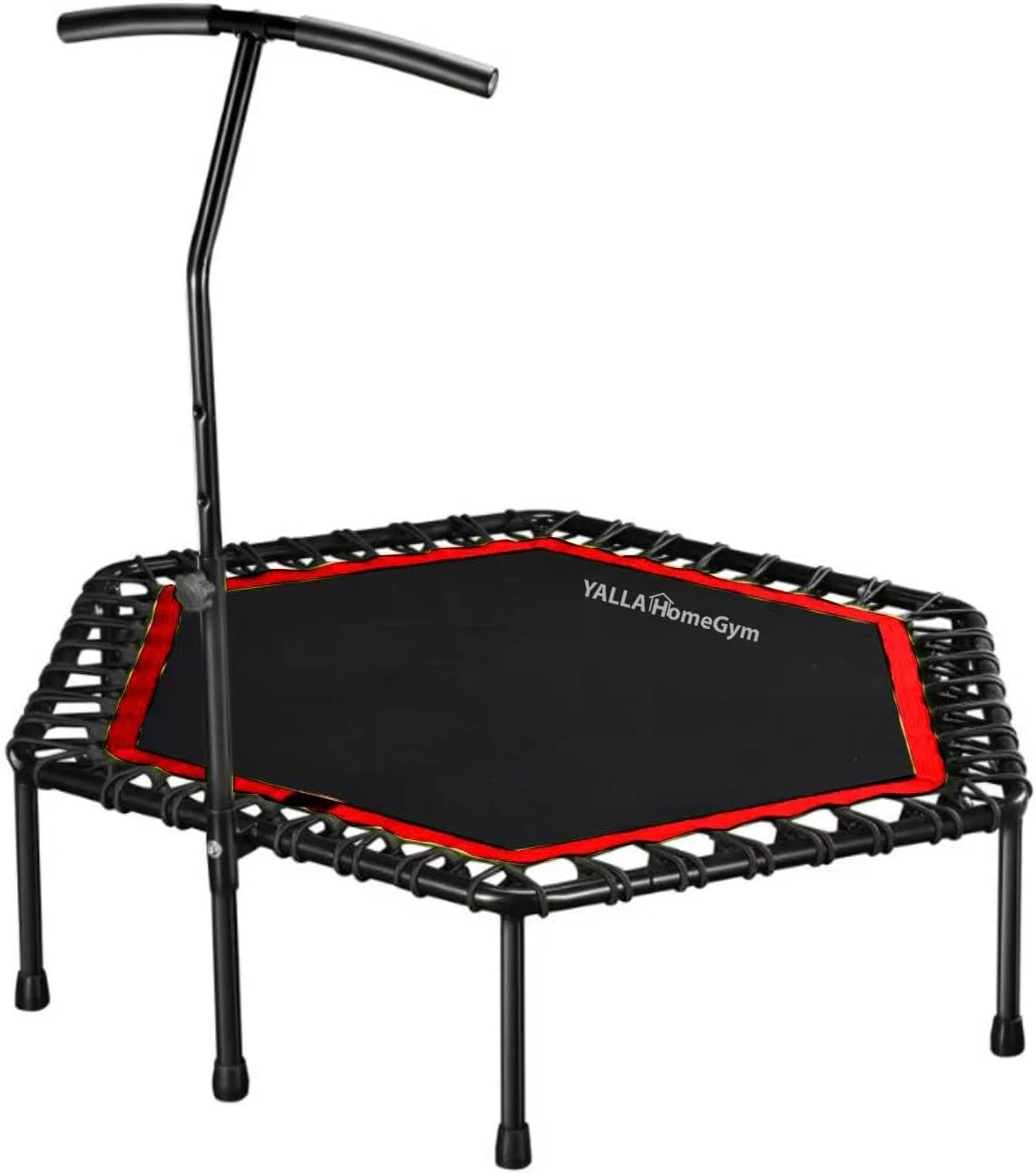 ترامپولین ورزشی یالا هوم جیم با میله هندریل قابل تنظیم، مناسب فضای داخلی و خارجی برای بزرگسالان و کودکان، جامپر ورزشی، تمرینات کاردیو در خانه، ترامپولین شش ضلعی برای تمرینات ورزشی در خانه