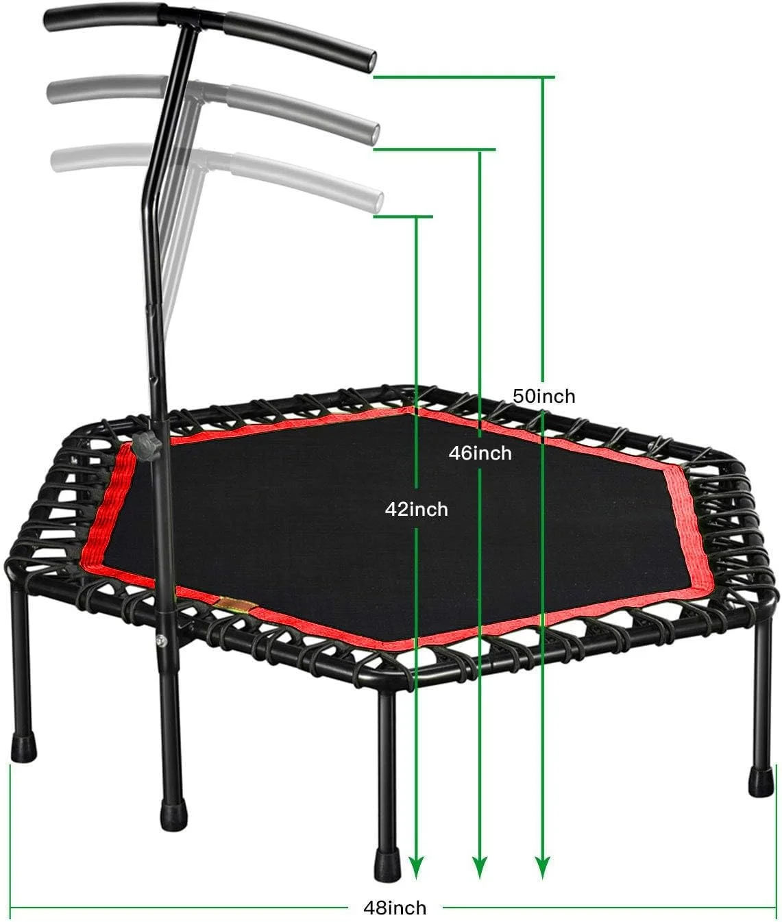 ترامپولین ورزشی یالا هوم جیم با میله هندریل قابل تنظیم، مناسب فضای داخلی و خارجی برای بزرگسالان و کودکان، جامپر ورزشی، تمرینات کاردیو در خانه، ترامپولین شش ضلعی برای تمرینات ورزشی در خانه