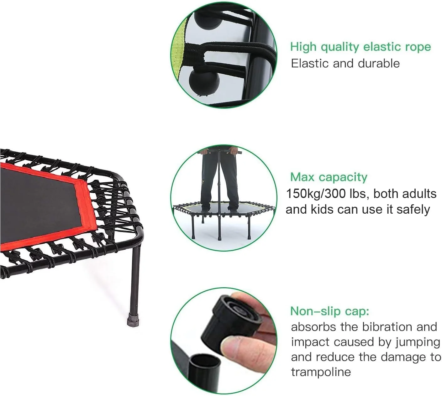 ترامپولین ورزشی یالا هوم جیم با میله هندریل قابل تنظیم، مناسب فضای داخلی و خارجی برای بزرگسالان و کودکان، جامپر ورزشی، تمرینات کاردیو در خانه، ترامپولین شش ضلعی برای تمرینات ورزشی در خانه