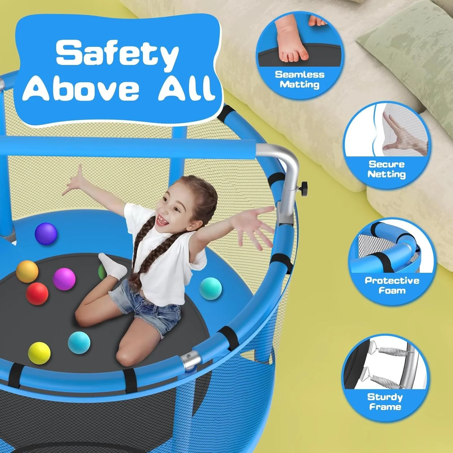 ترامپولین کودکان ZCMHAXJ، ترامپولین 55 اینچی مناسب کودکان نوپا برای داخل و خارج از خانه، ترامپولین کودک با ظرفیت 200 کیلوگرم با محفظه، مینی ترامپولین با میله ژیمناستیک قابل تنظیم و 7 اسباب بازی، هدیه برای پسران و دختران