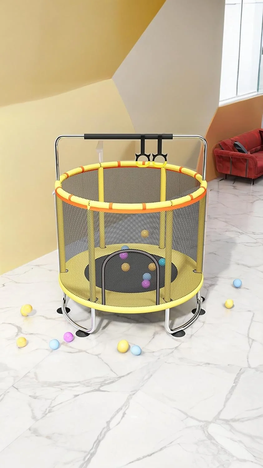 ترامپولین کودکانه 1.5 متری Sweet Seven - تفریح سرپوشیده/فضای باز کودک نوپا با محفظه ایمنی، حلقه بالایی تقویت شده - بازی تولد! میله افقی دایره ای زرد