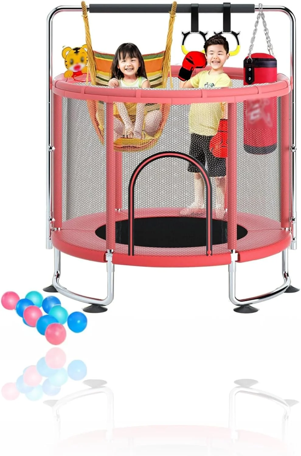 ترامپولین کودک سوییت سون (120 سانتی متر) - تفریح ایمن با نرده 360 درجه، توری محافظ، پایه U شکل پایدار - هدیه تولد ایده آل کودکان با میله افقی دایره ای 1.2 متری، تاب، کیسه شن - قرمز