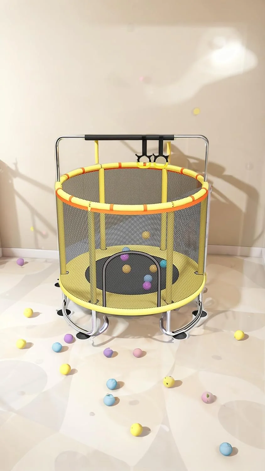 ترامپولین کودکانه 1.4 متری Sweet Seven - سرگرمی داخل/خارج از خانه برای کودکان نوپا با محفظه ایمنی، حلقه بالایی تقویت شده، میله افقی دایره ای زرد - بازی تولد!