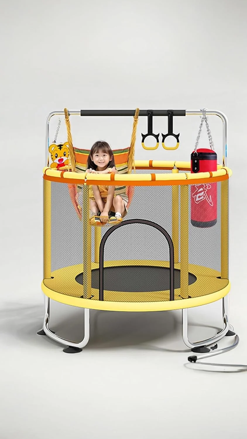 ترامپولین کودکانه Sweet Seven (۱۴۰ سانتی متر) - سرگرمی پرش ایمن با نرده ۳۶۰ درجه، توری محافظ، پایه U شکل پایدار - هدیه تولد ایده آل کودکان با میله افقی دایره ای ۱.۲ متری، تاب، کیسه شن - زرد