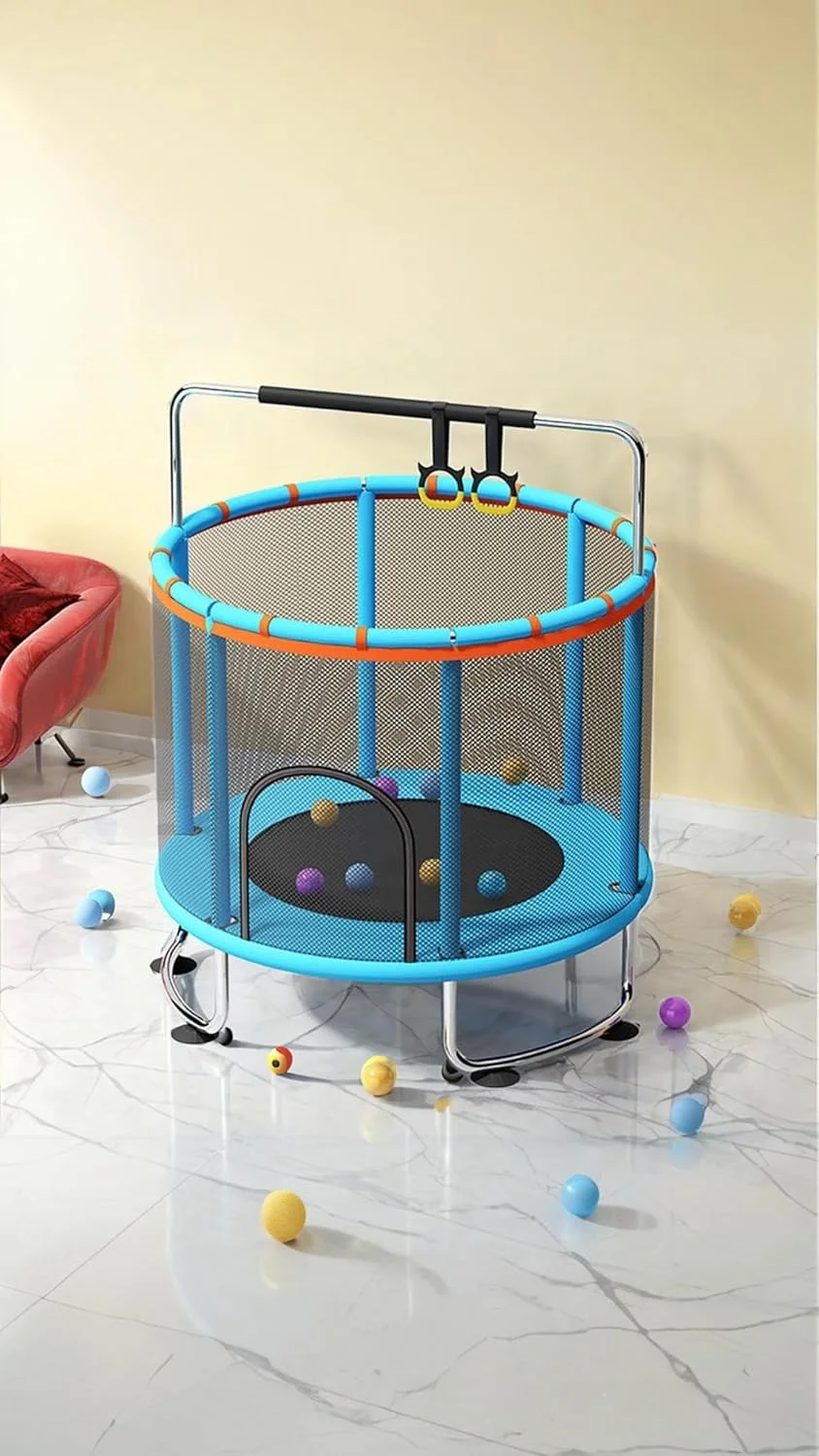 ترامپولین کودکانه 1.2 متری Sweet seven - تفریح سرپوشیده/فضای باز کودک نوپا با محفظه ایمنی، حلقه تقویت شده - بازی تولد! میله افقی دایره ای آبی