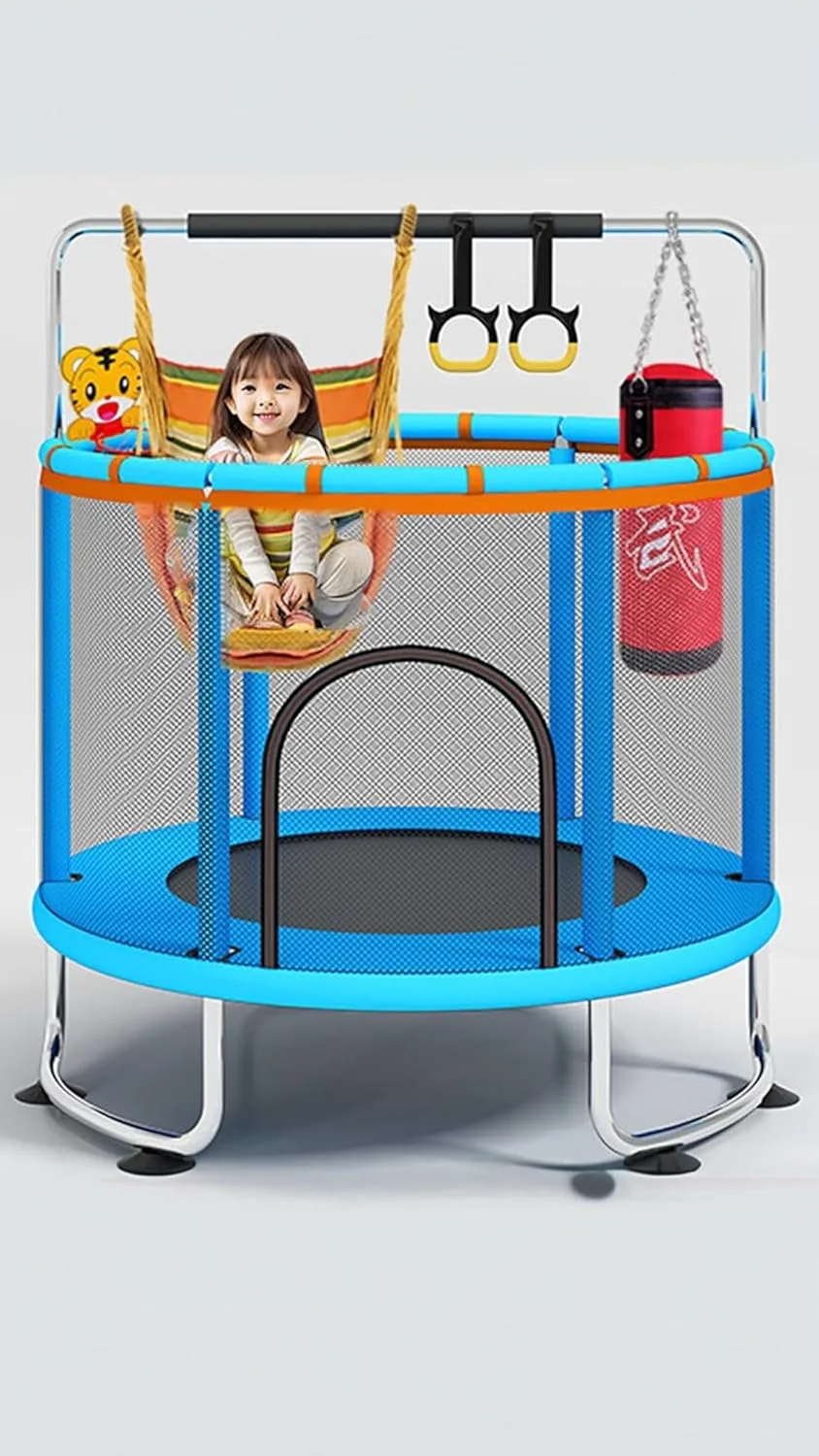 ترامپولین کودک سوییت سون (۱۵۰ سانتی متر) - تفریح پرشی ایمن با نرده ۳۶۰ درجه، توری محافظ، پایه U شکل پایدار - هدیه تولد ایده آل کودکان میله افقی دایره ای به قطر ۱.۵ متر، تاب، کیسه شن - آبی