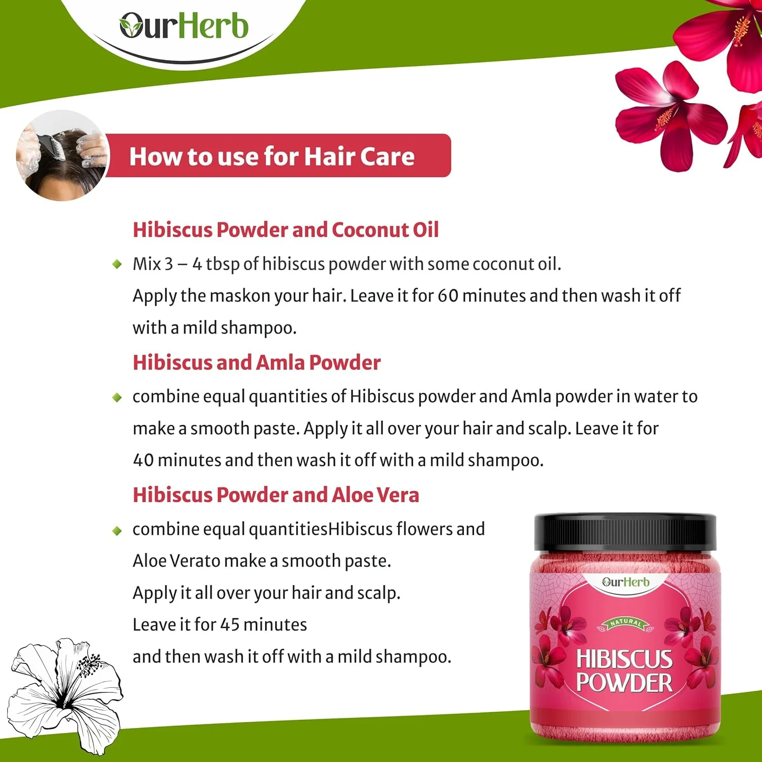 پودر گل ختمی ارگانیک OurHerb ✅ برای ماسک صورت و مو، مراقبت طبیعی و خالص از مو و پوست با گل ختمی چینی، پودر گل گودال برای موهای کدر و پوست سر خشک - 200 گرم