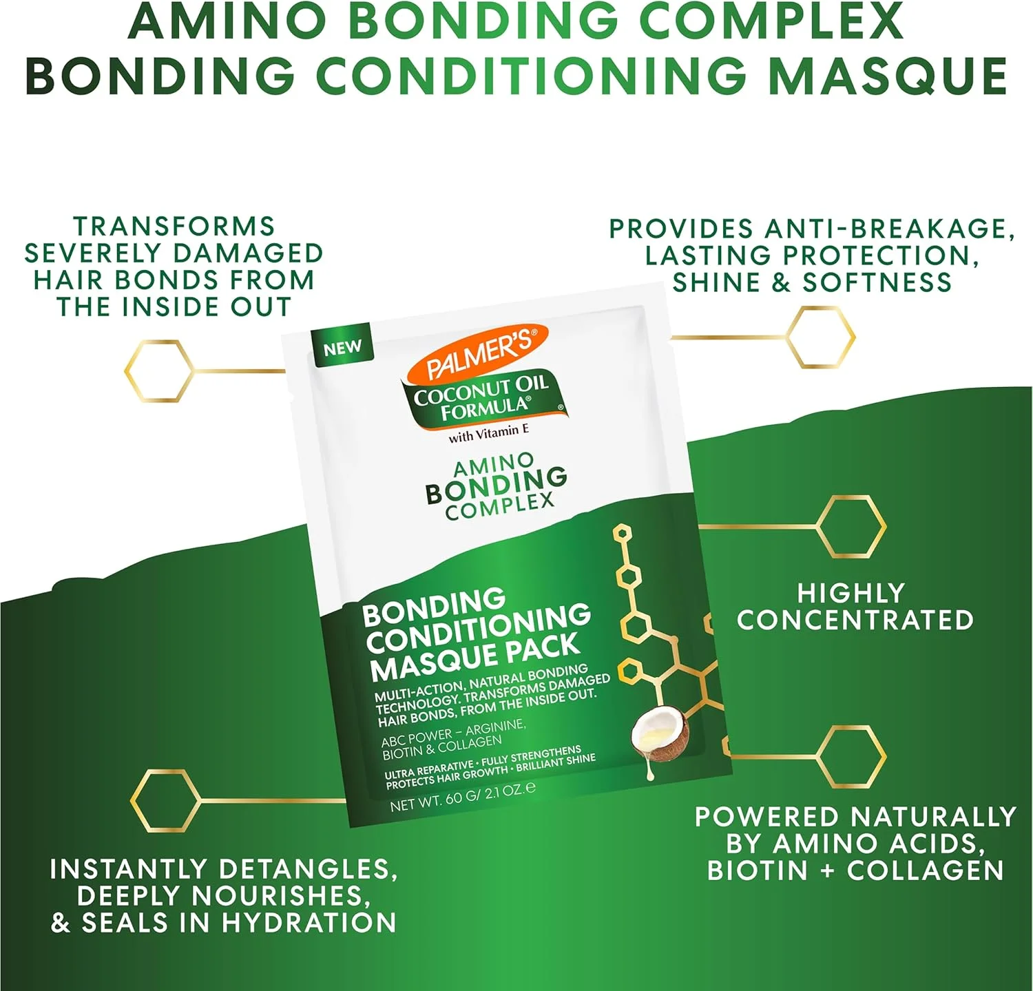 ماسک موی کمپلکس اتصال آمینو پالمرز، ماسک نرم کننده قوی با روغن نارگیل و ویتامین E، محافظ حرارت، ضد وز، درخشان کننده، محافظ رشد مو، مناسب برای انواع مو، بسته 60 گرمی