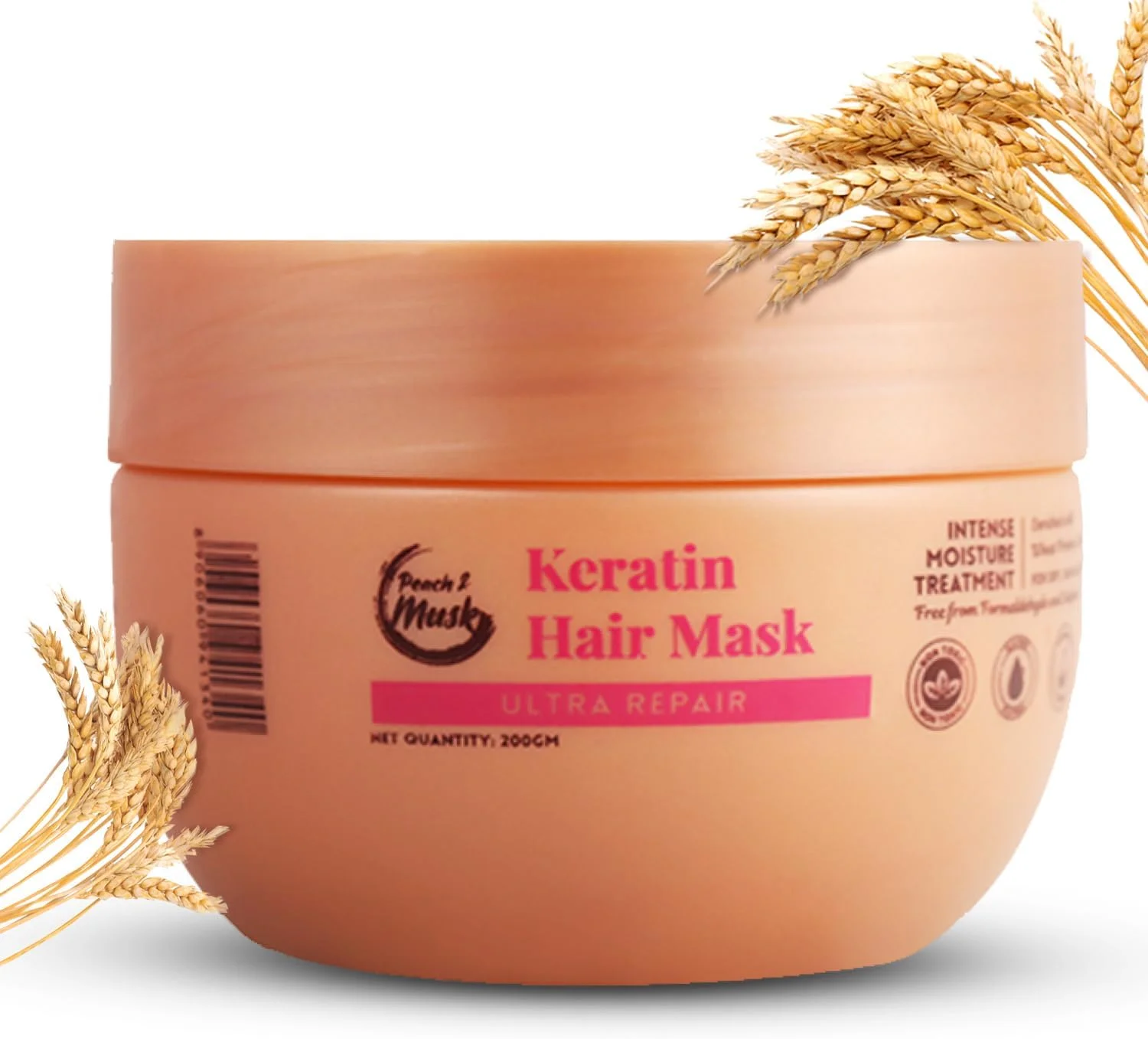 ماسک مو کراتین ترمیم کننده قوی هلو و مشک برای موهای خشک و آسیب دیده، غنی شده با پروتئین گندم و ویتامین B5، کنترل وز، موهای صاف و خوش حالت، برای آقایان و خانم ها، فاقد SLS و پارابن - 200 گرم