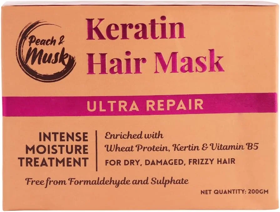 ماسک مو کراتین ترمیم کننده قوی هلو و مشک برای موهای خشک و آسیب دیده، غنی شده با پروتئین گندم و ویتامین B5، کنترل وز، موهای صاف و خوش حالت، برای آقایان و خانم ها، فاقد SLS و پارابن - 200 گرم