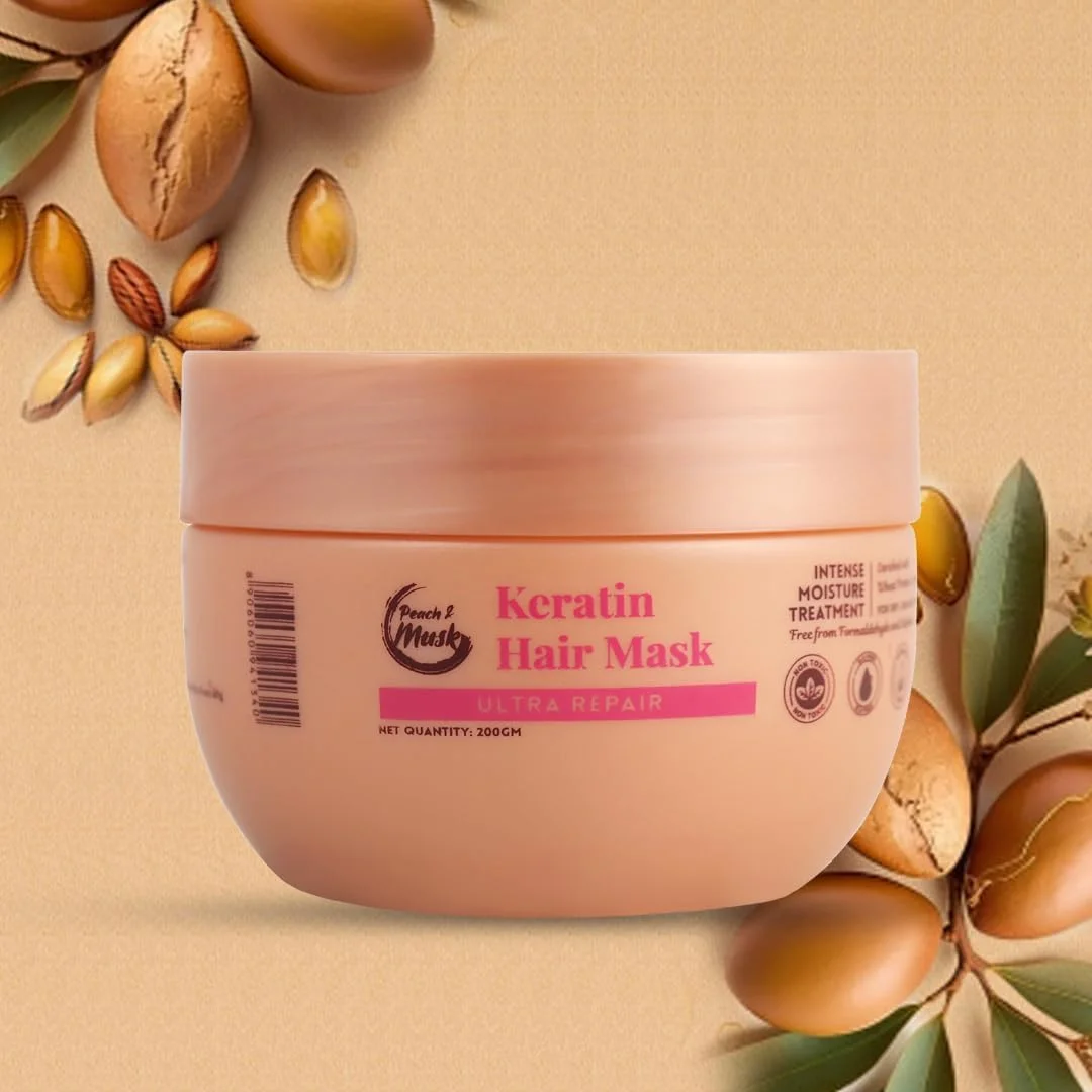 ماسک مو کراتین ترمیم کننده قوی هلو و مشک برای موهای خشک و آسیب دیده، غنی شده با پروتئین گندم و ویتامین B5، کنترل وز، موهای صاف و خوش حالت، برای آقایان و خانم ها، فاقد SLS و پارابن - 200 گرم