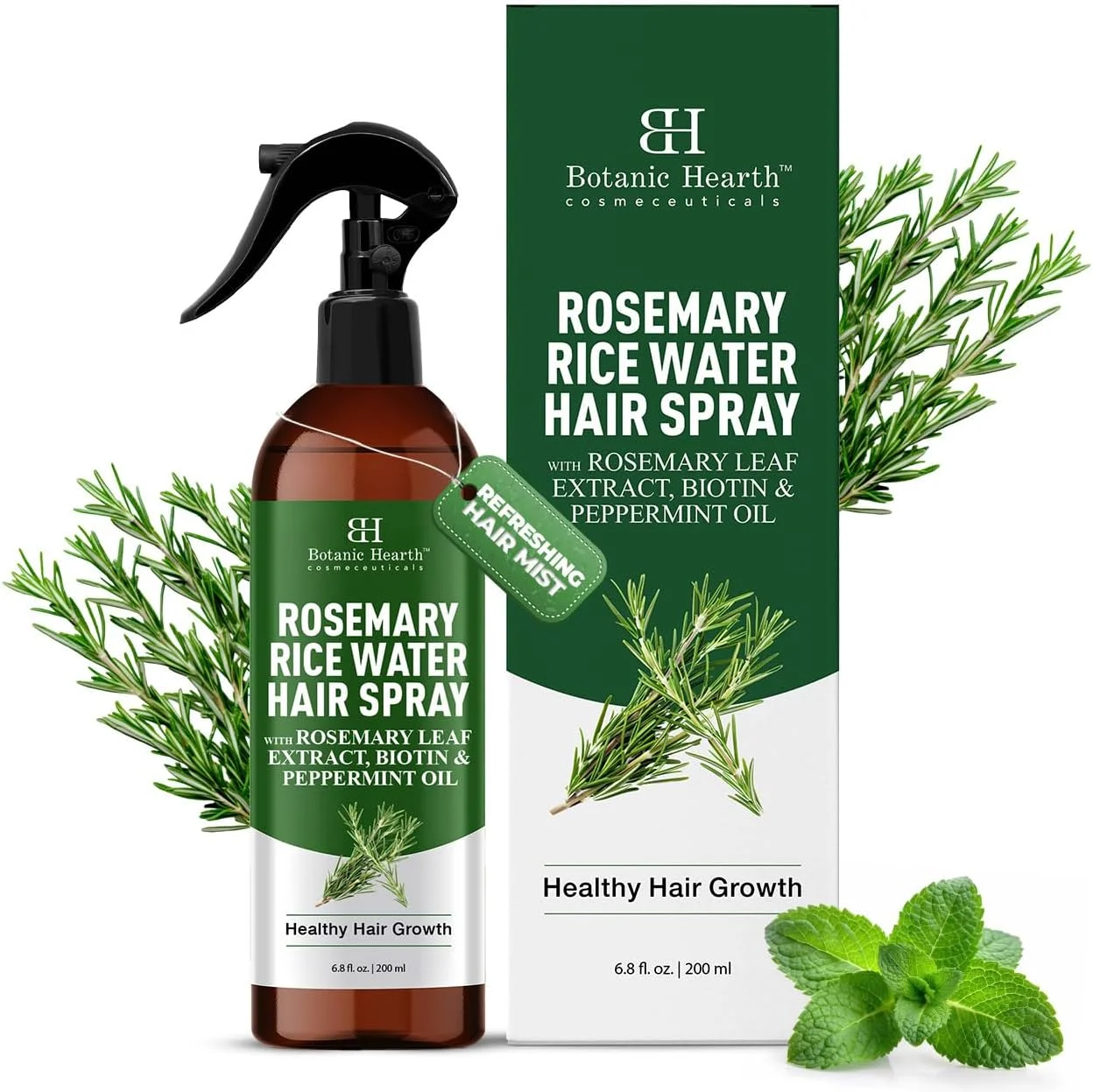 اسپری آب رزماری پیشرفته Botanic Hearth برای رشد مو حاوی نعناع فلفلی و بیوتین | رشد مجدد موهای نازک، درمان پوست سر برای آقایان و بانوان | 200 میلی لیتر
