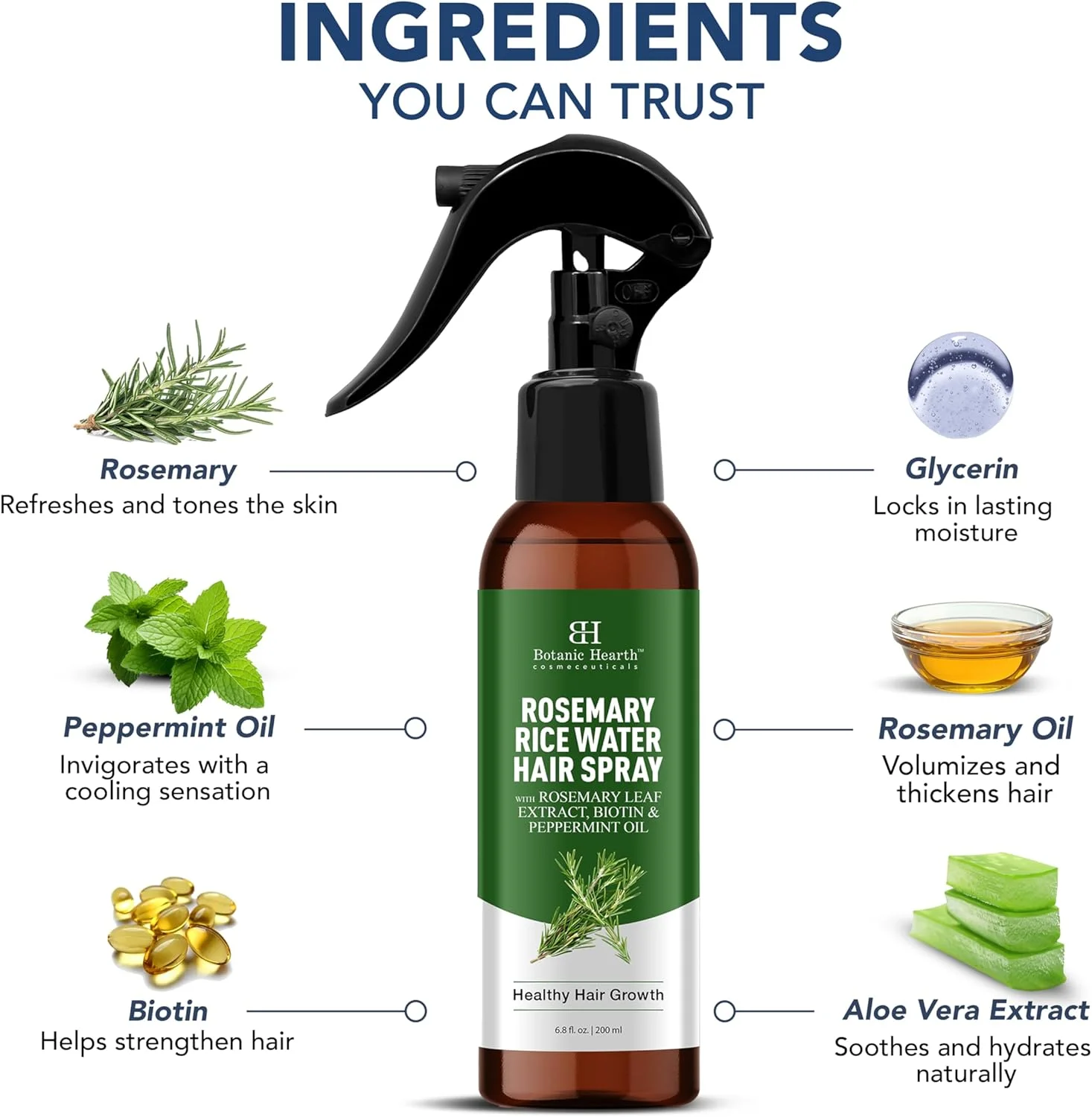 اسپری آب رزماری پیشرفته Botanic Hearth برای رشد مو حاوی نعناع فلفلی و بیوتین | رشد مجدد موهای نازک، درمان پوست سر برای آقایان و بانوان | 200 میلی لیتر