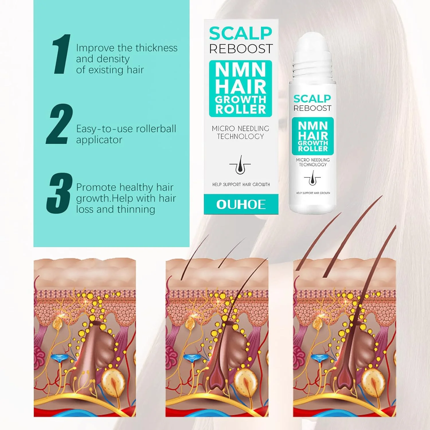 غلتک تقویت کننده رشد مو BOLHGF، 3 عدد، رولی، مناسب برای بزرگسالان زن و مرد