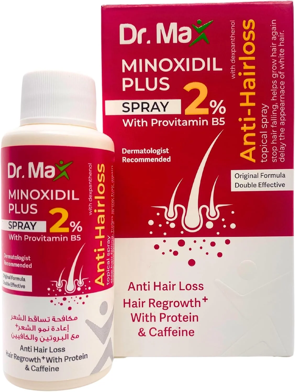 اسپری دکتر مکس ماینوکسیدیل پلاس 2% حاوی پروویتامین B5 (دکسپانتنول) ضد ریزش مو، رشد مجدد مو با پروتئین و کافئین