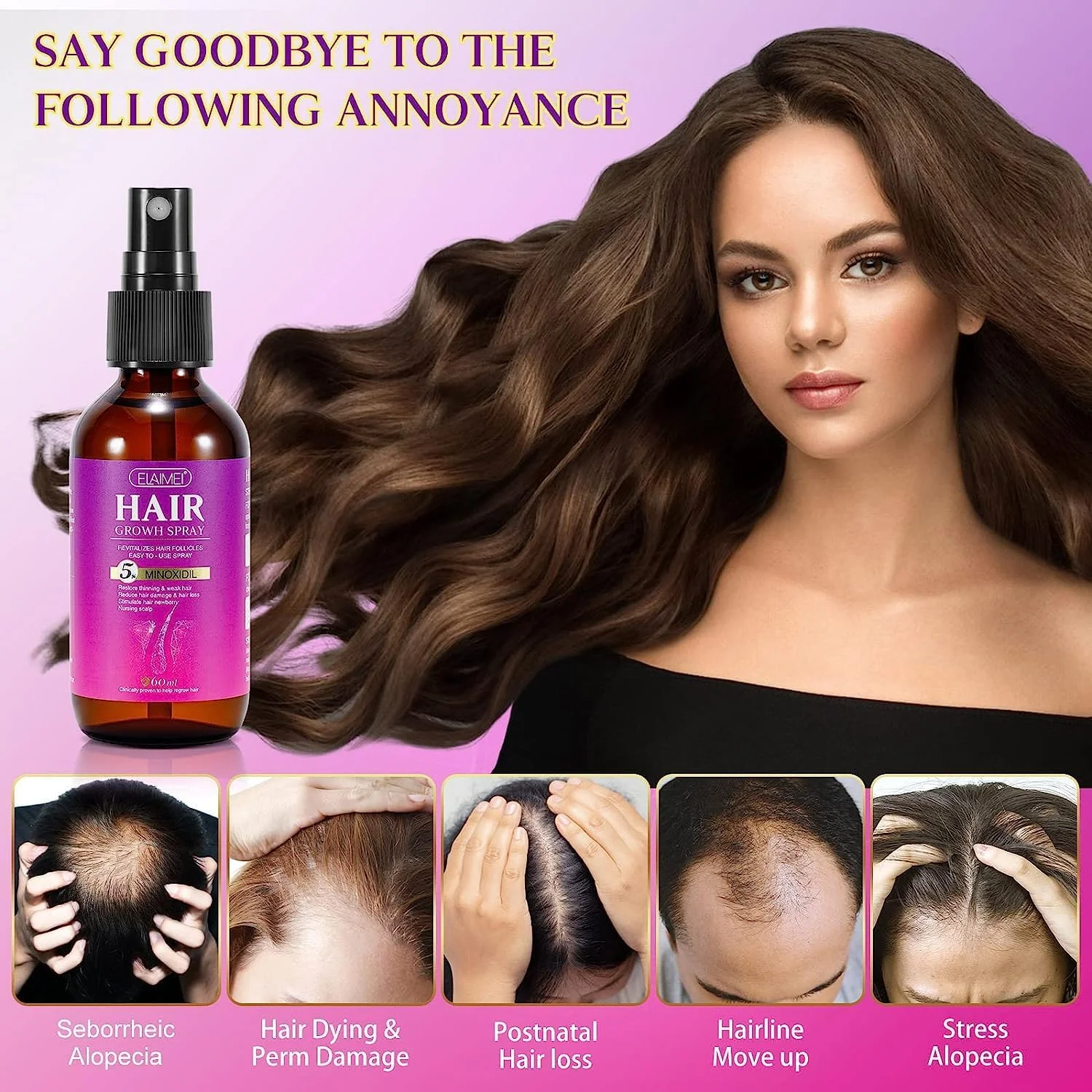 اسپری رشد مو ELAIMEI با بیوتین - درمان ایمن برای ریزش مو و نازک شدن مو - تقویت رشد سالم مو برای مردان و زنان - ضخیم کننده و تقویت کننده برای رشد مجدد مو (60 میلی لیتر، بدون عطر)
