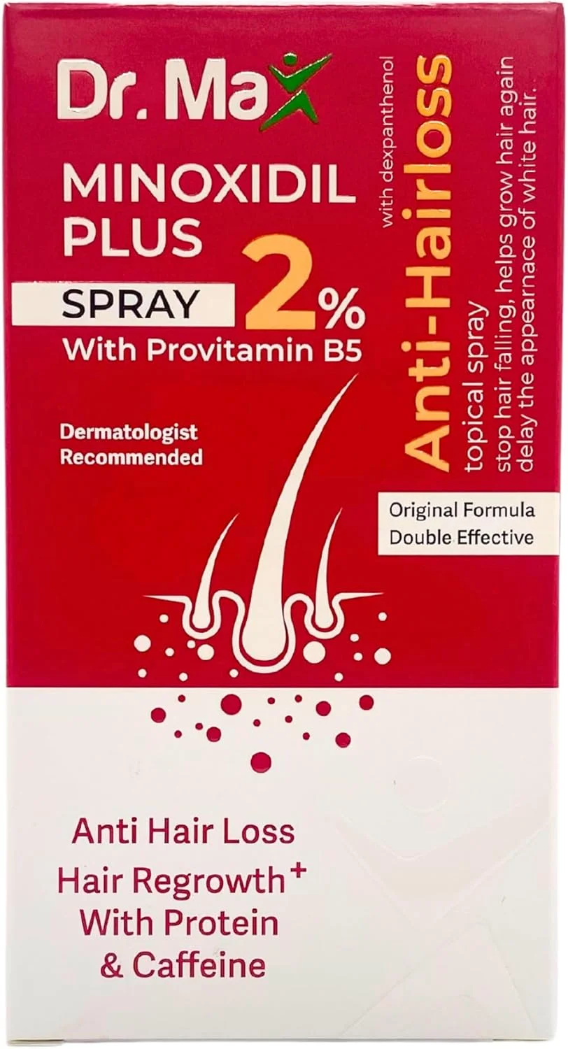اسپری دکتر مکس ماینوکسیدیل پلاس 2% حاوی پروویتامین B5 (دکسپانتنول) ضد ریزش مو، رشد مجدد مو با پروتئین و کافئین