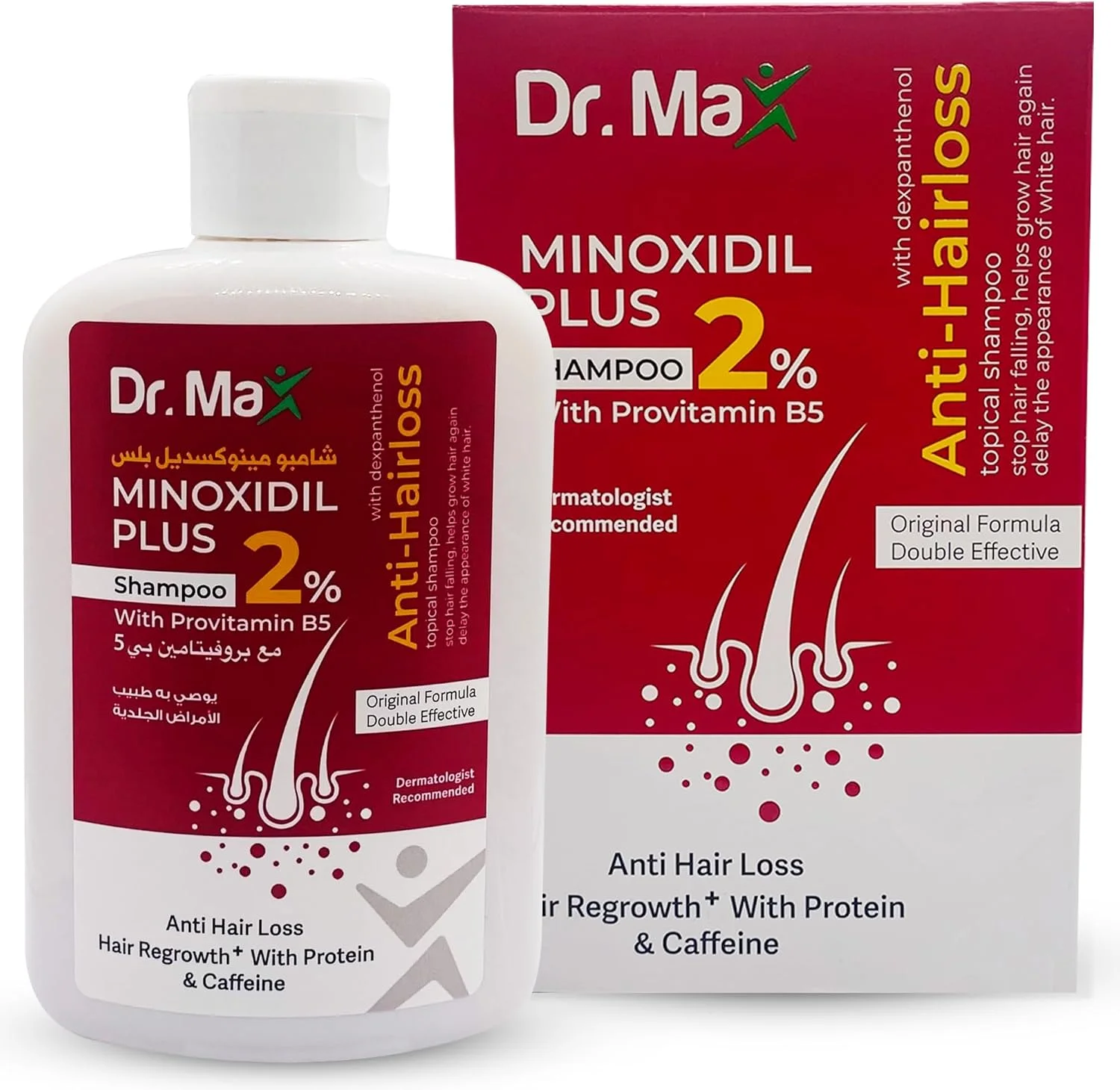 شامپو دکتر مکس ماینوکسیدیل پلاس 2% حاوی پروویتامین B5 (دکسپانتنول) ضد ریزش مو، رشد مجدد مو با پروتئین و کافئین