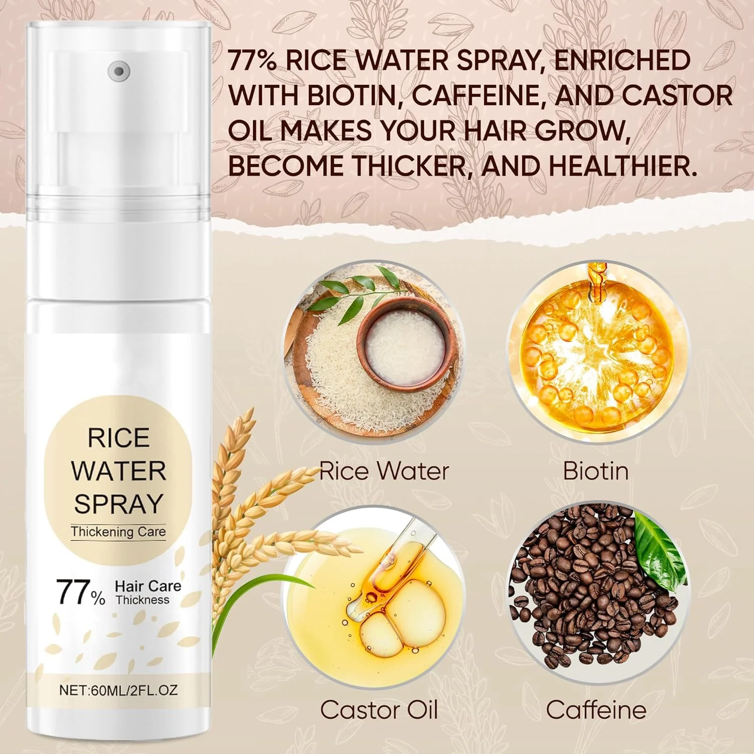 اسپری آب برنج مو LBOYLOVE® برای زنان و مردان، آب برنج تخمیر شده با بیوتین و روغن کرچک برای ضخیم شدن روزانه مو و تغذیه پوست سر، هدف قرار دادن ریزش مو و ترمیم آسیب، 60 میلی لیتر