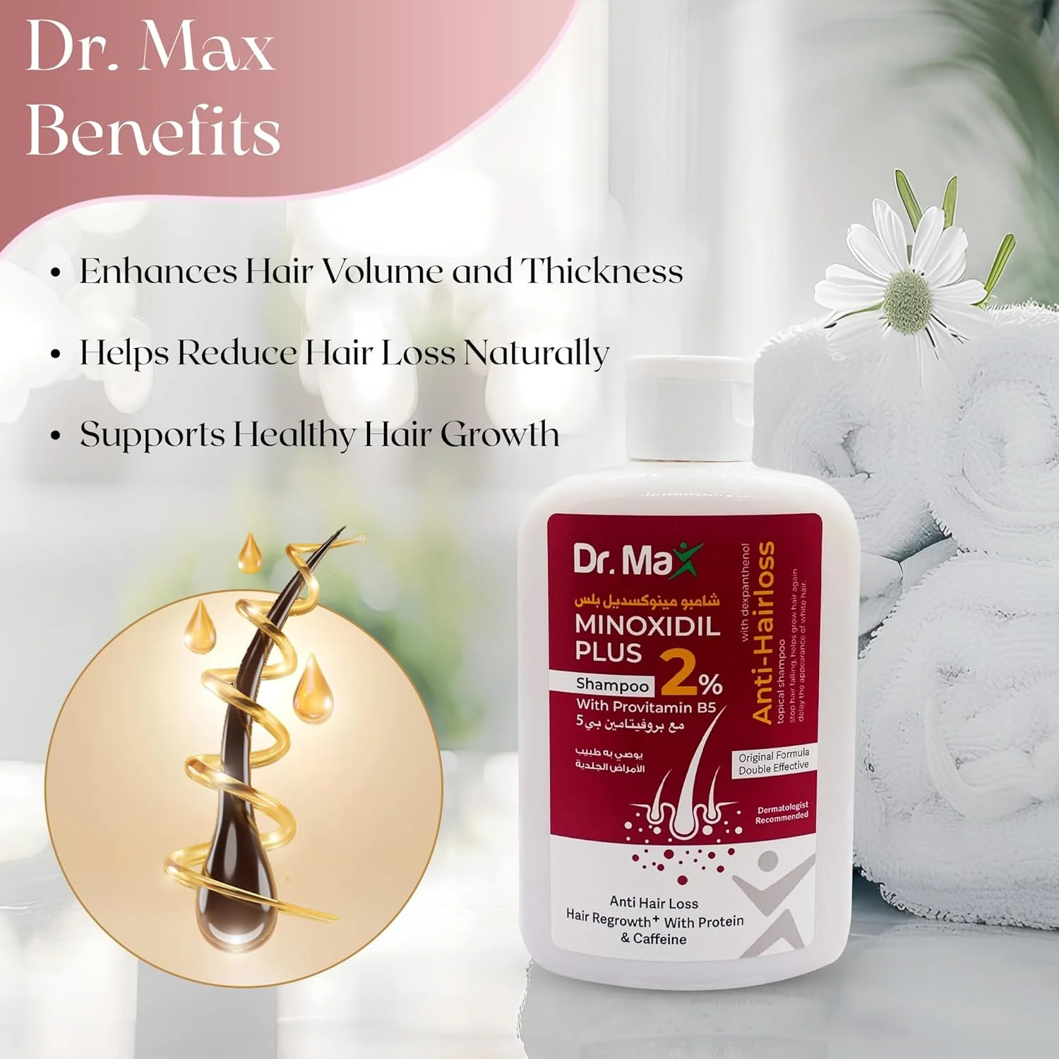 شامپو دکتر مکس ماینوکسیدیل پلاس 2% حاوی پروویتامین B5 (دکسپانتنول) ضد ریزش مو، رشد مجدد مو با پروتئین و کافئین