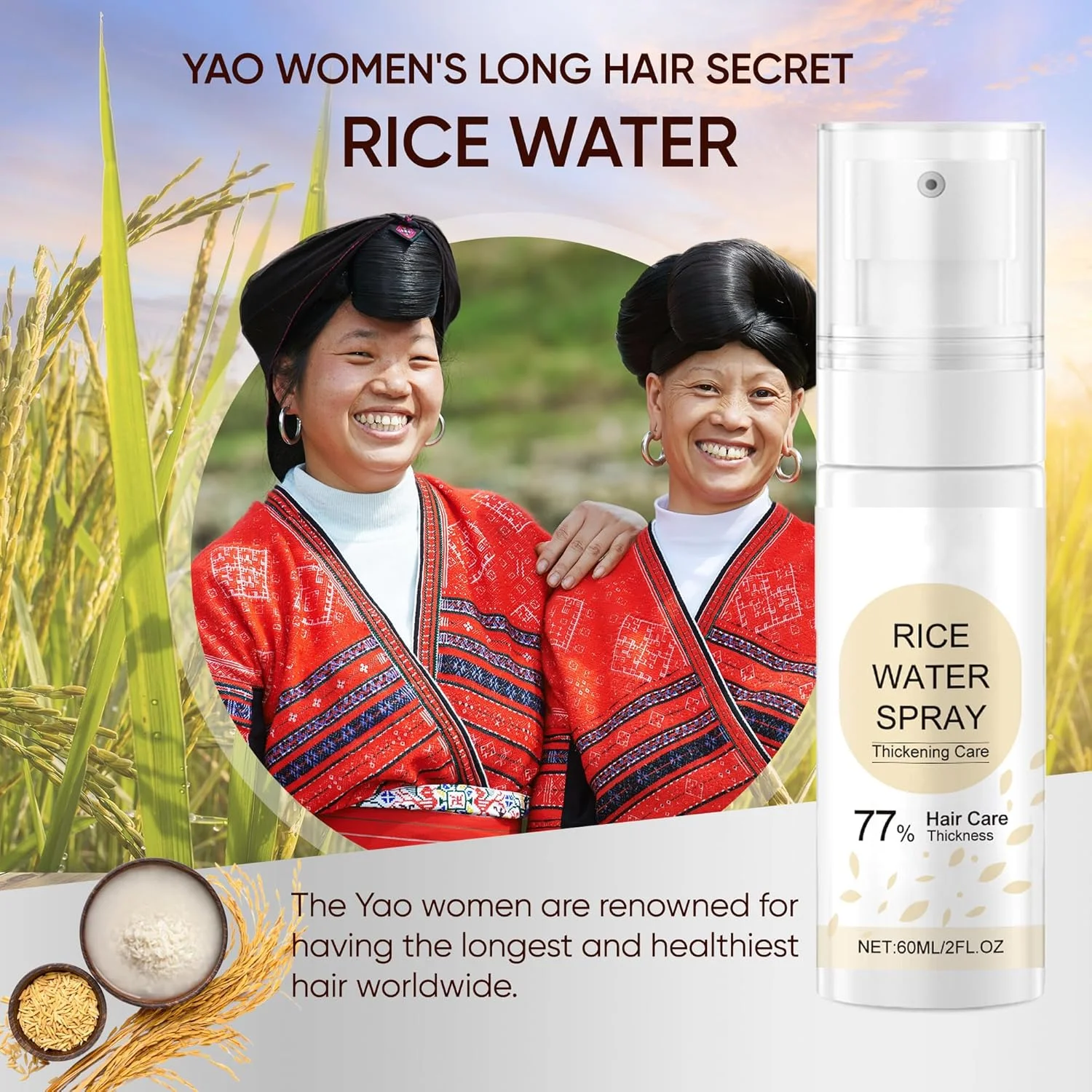 اسپری آب برنج مو LBOYLOVE® برای زنان و مردان، آب برنج تخمیر شده با بیوتین و روغن کرچک برای ضخیم شدن روزانه مو و تغذیه پوست سر، هدف قرار دادن ریزش مو و ترمیم آسیب، 60 میلی لیتر