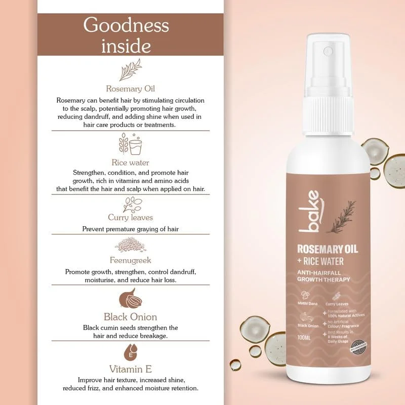 اسپری سرم روغن رزماری برای رشد مو BAKE حاوی آب برنج و متی دانا | برای ریزش مو، رشد مجدد مو و موهای کراتینه شده | تقویت فولیکول های مو | برای زنان و مردان | 100 میلی لیتر (اسپری)