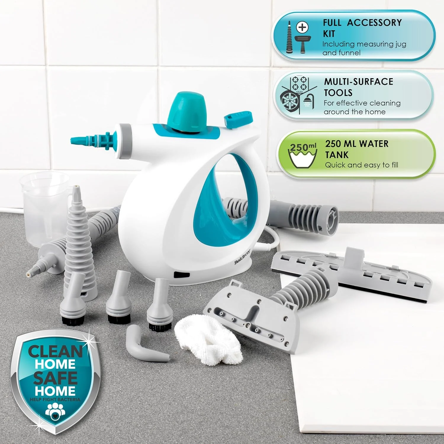 بخارشوی دستی 10 در 1 بلدرای مدل BEL0701TQN-VDE مناسب برای کاشی حمام/آینه/پنجره، بخارشوی قابل حمل با دوشاخه اروپایی، 1000 وات، به طور موثر باکتری های خانگی را از بین می برد - فیروزه ای