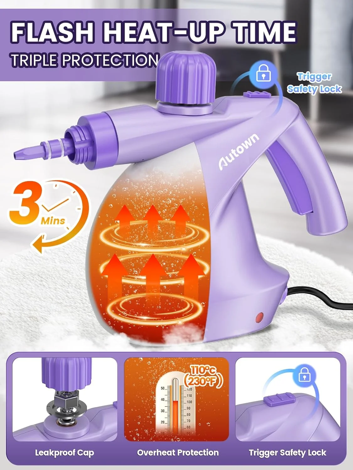 بخارشوی دستی تحت فشار AUTOWN با 14 قطعه لوازم جانبی و قفل ایمنی، بخارشوی چند منظوره 1200 واتی برای تمیز کردن، بخارشوی بدون مواد شیمیایی برای خانه، ماشین، حمام، آشپزخانه، کاشی و سرامیک