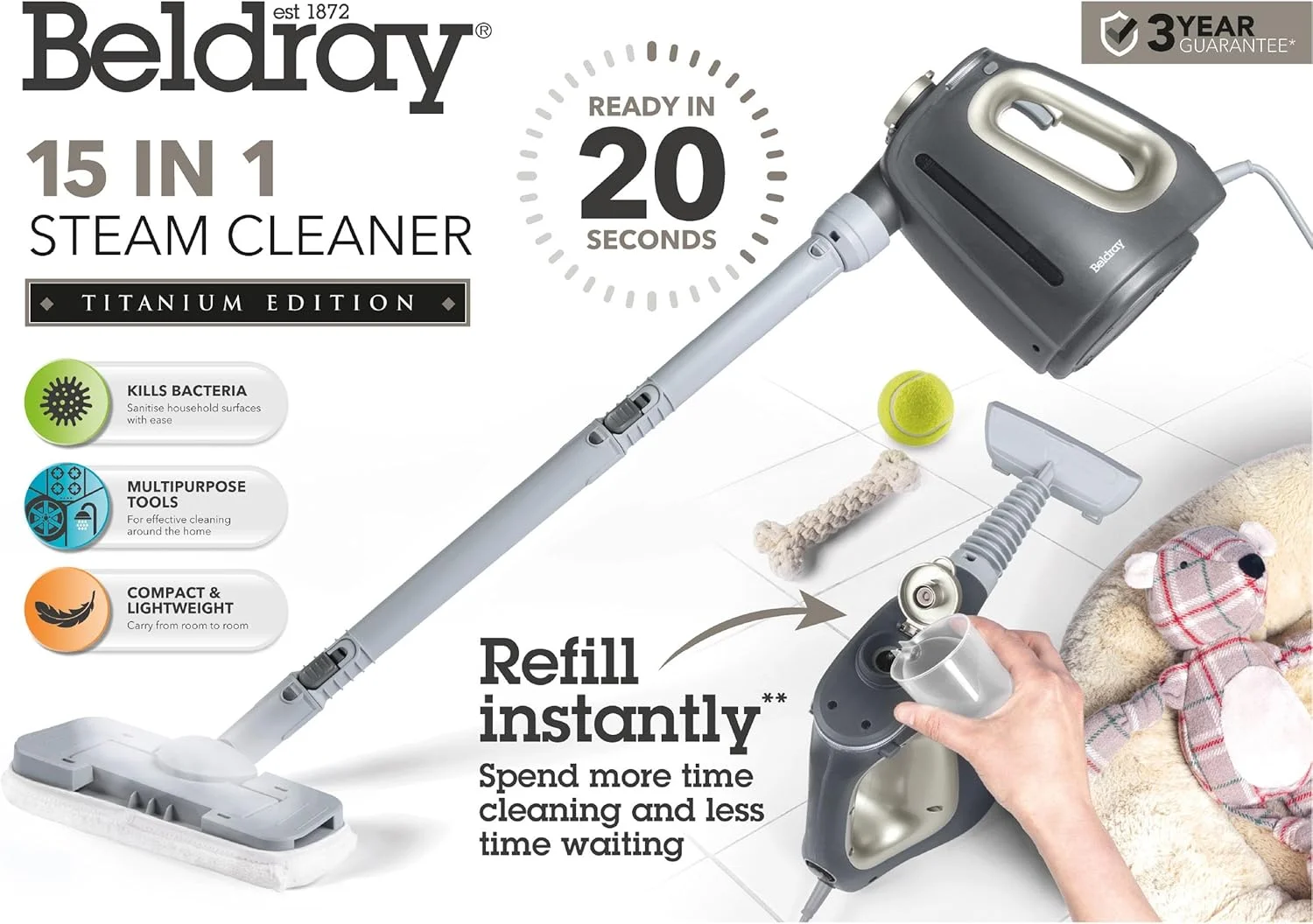 بخارشوی 15 در 1 بلدرای - بخارشوی چند منظوره دستی، تمیز کردن بدون مواد شیمیایی، آماده استفاده در 20 ثانیه. دارای برس های تمیز کننده، پدهای تی زمین و نازل ها، مخزن آب 550 میلی لیتری، 1350 وات بخارشوی 15 در 1 بلدرای - بخارشوی چند منظوره دستی، تمیز کردن بدون مواد شیمیایی، آماده استفاده در 20 ثانیه. دارای برس های تمیز کننده، پدهای تی زمین و نازل ها، مخزن آب 550 میلی لیتری، 1350 وات