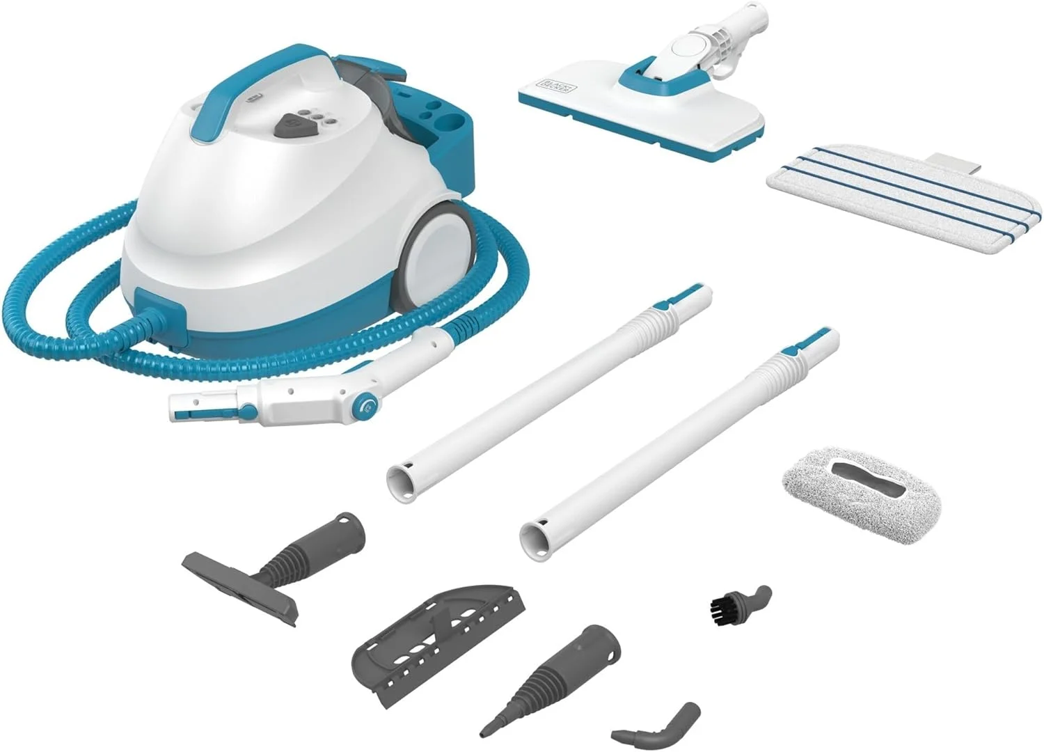 بخارشوی تحت فشار بلک اند دکر، 2000 وات، فشار 4 بار، مخزن 1.2 لیتری، سر چرخان 180 درجه، از بین برنده 99.9% میکروب ها، 8 لوازم جانبی، برای تمام سطوح پوشیده شده، سازگار با محیط زیست، سفید/آبی - BHSMP2008-GB