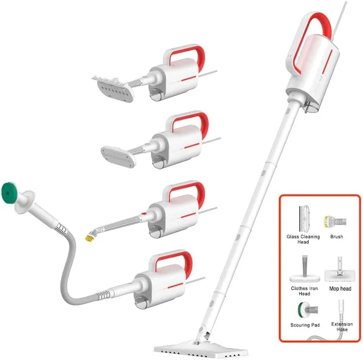 بخارشوی چند منظوره Deerma ZQ610 با 5 سری برس 1600 وات | شیشه پاک کن بخار سبک | تمیز کردن شیشه | اتو بخار | پد اسکراب | تمیز کردن آشپزخانه | استریلیزاسیون 99.99% - سفید