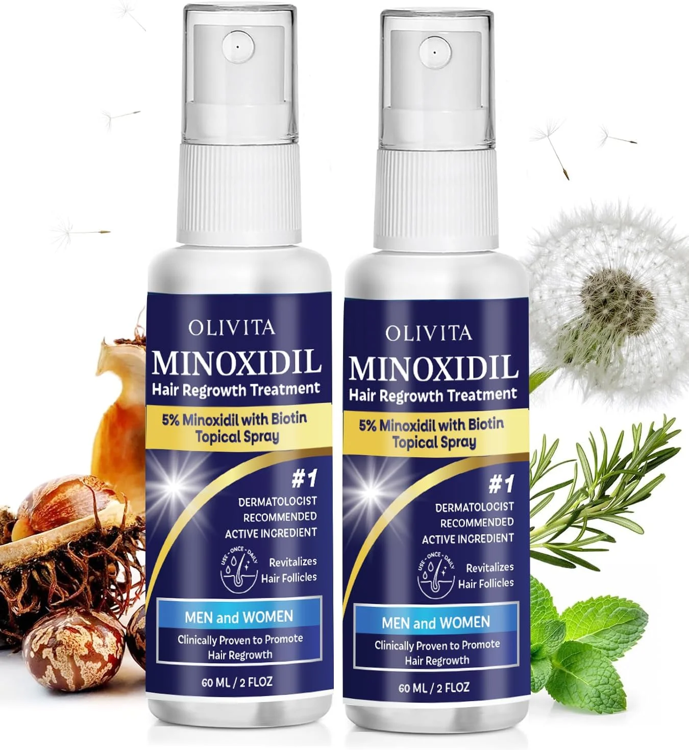 محلول مینوکسیدیل برای رشد موی مردان و زنان: اسپری 5% مینوکسیدیل، سرم درمان رشد مجدد مو با بیوتین و رزماری - توقف نازک شدن و ریزش مو برای موهای قوی تر، ضخیم تر و بلندتر - بسته 2 عددی