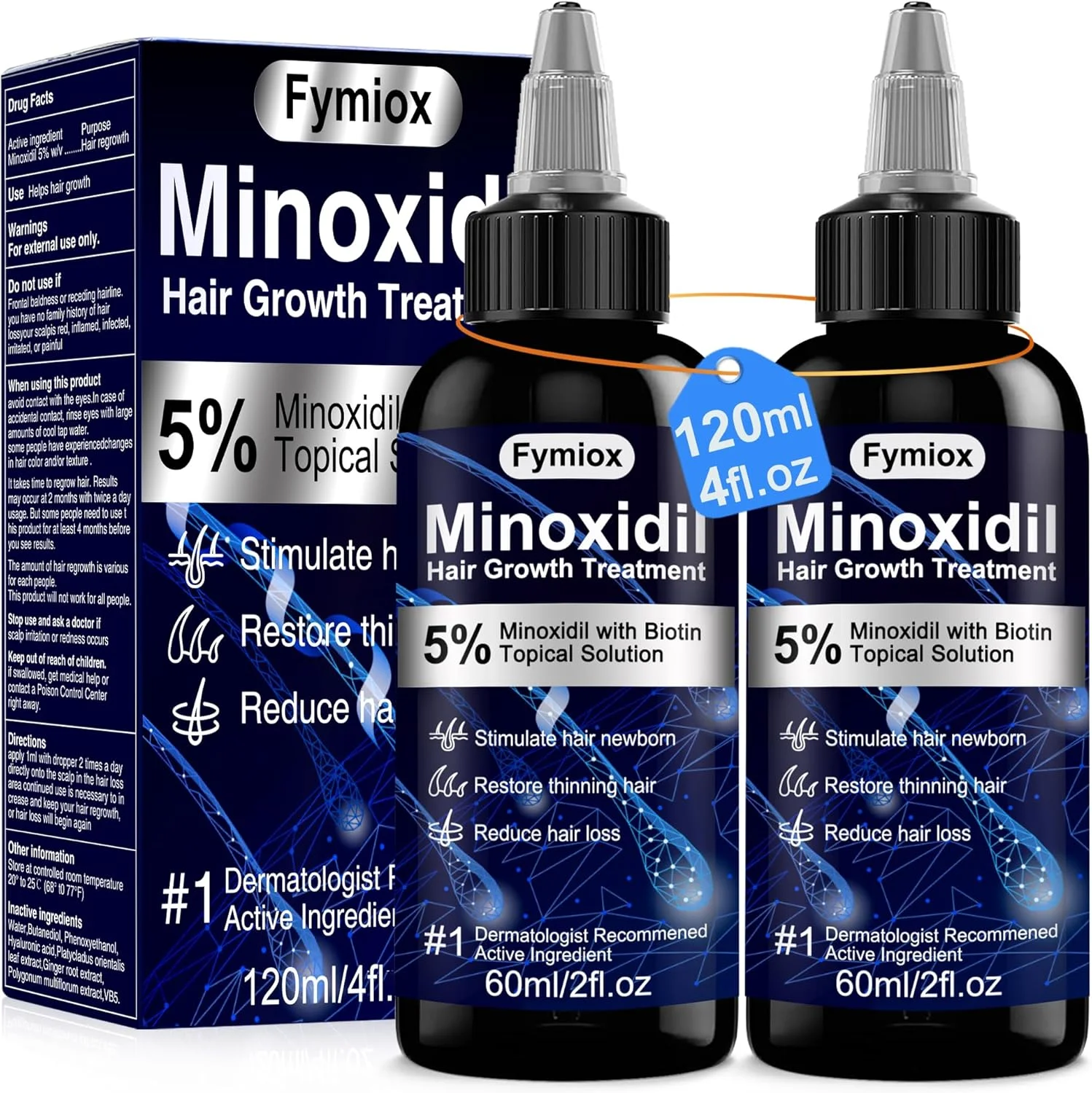 روغن رشد موی 5% ماینوکسیدیل برای آقایان و بانوان، سرم رشد موی ریش مونوکسید، درمان رشد مجدد مو برای ریزش مو، موهای ضخیم تر و پرتر (2 x 60ML)