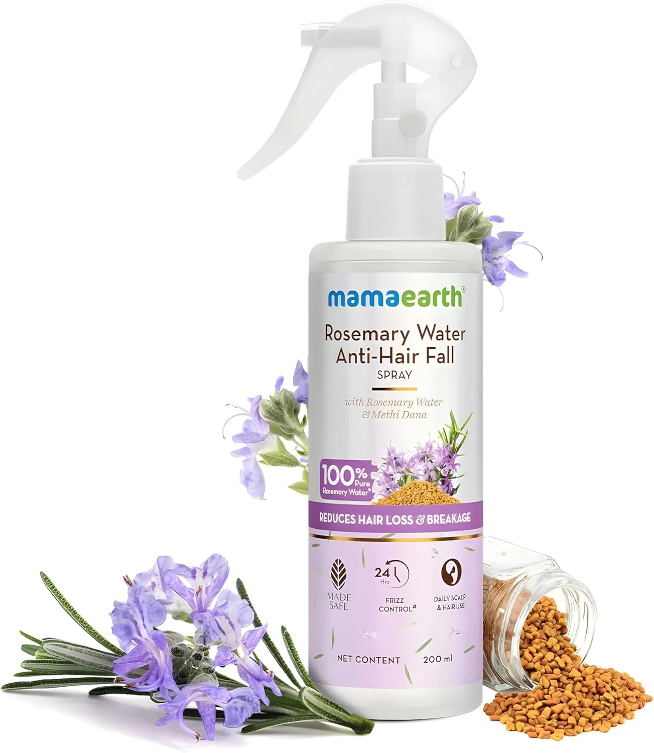 اسپری ضد ریزش مو رزماری ماما اِیرث با دانه شنبلیله | کاهش ریزش مو، تقویت ریشه و طراوت بخشیدن به پوست سر | حاوی بیوتین و عصاره های طبیعی | مناسب آقایان و بانوان | 200 میلی لیتر