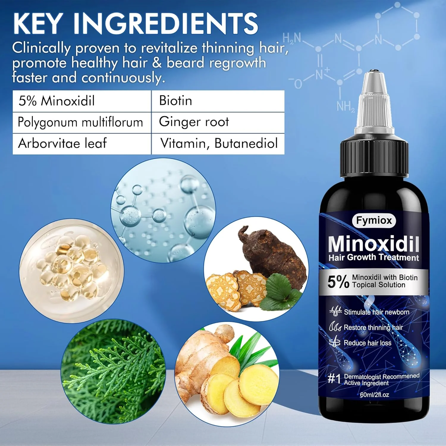 روغن رشد موی 5% ماینوکسیدیل برای آقایان و بانوان، سرم رشد موی ریش مونوکسید، درمان رشد مجدد مو برای ریزش مو، موهای ضخیم تر و پرتر (2 x 60ML)