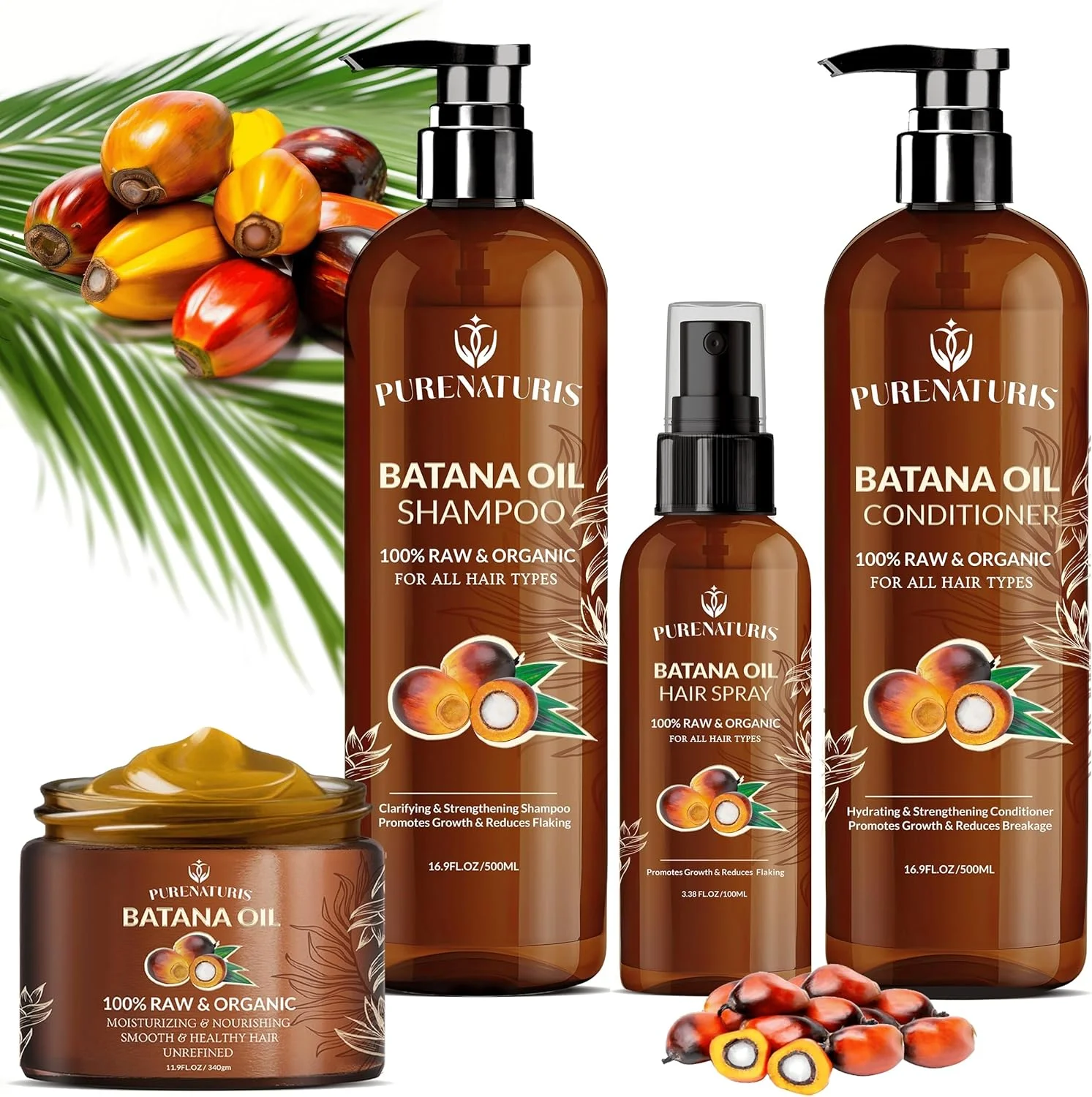 کیت کامل سیستم رشد مو، ضد ریزش مو و ترمیم کننده روغن باتانا ارگانیک خام 100% طبیعی بدون سولفات – شامپو، نرم کننده، ماسک مو و اسپری بعد از حمام | افزایش ضخامت و جلوگیری از ریزش مو برای آقایان و بانوان