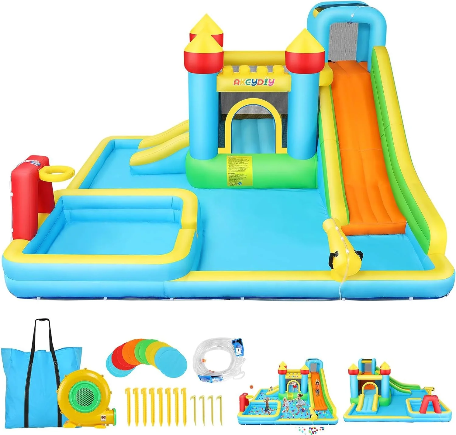 پارک بادی سرسره آبی AKEYDIY برای کودکان 3 تا 12 سال، پارک بادی آبی بزرگ با 2 سرسره، استخر آب و استخر عمیق، حلقه بسکتبال، توپ آبپاش، پارک آبی 8 در 1 حیاط خلوت به همراه دمنده