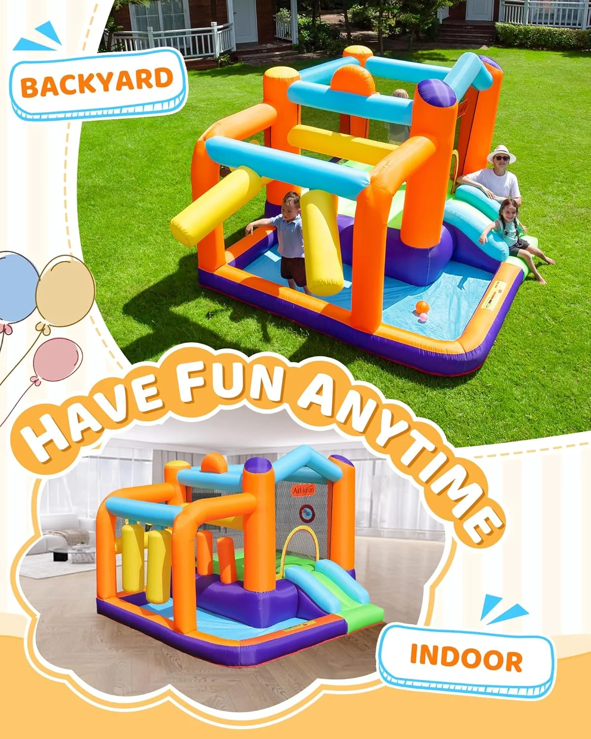 قلعه بادی آیوفری، خانه بازی بادی برای کودکان، مناسب جشن های داخل و خارج از منزل با قسمت پرش سنگین، سرسره و استخر توپ، قلعه بادی حیاط خلوت برای کودکان نوپا