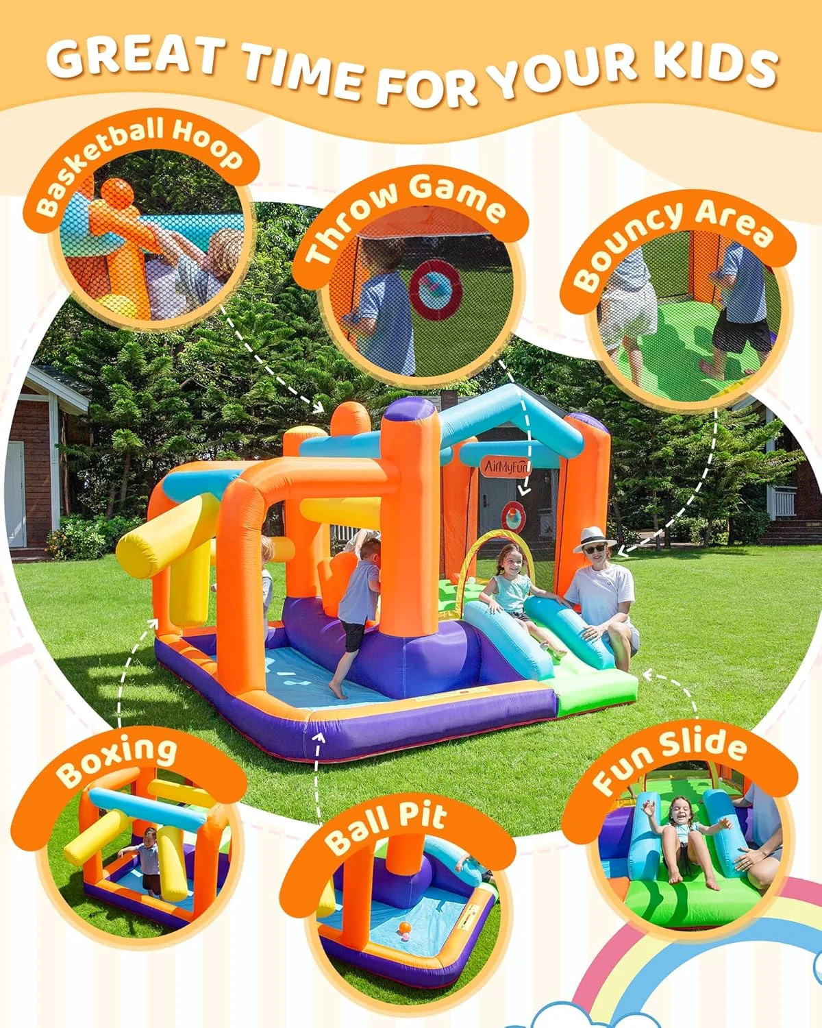 قلعه بادی آیوفری، خانه بازی بادی برای کودکان، مناسب جشن های داخل و خارج از منزل با قسمت پرش سنگین، سرسره و استخر توپ، قلعه بادی حیاط خلوت برای کودکان نوپا