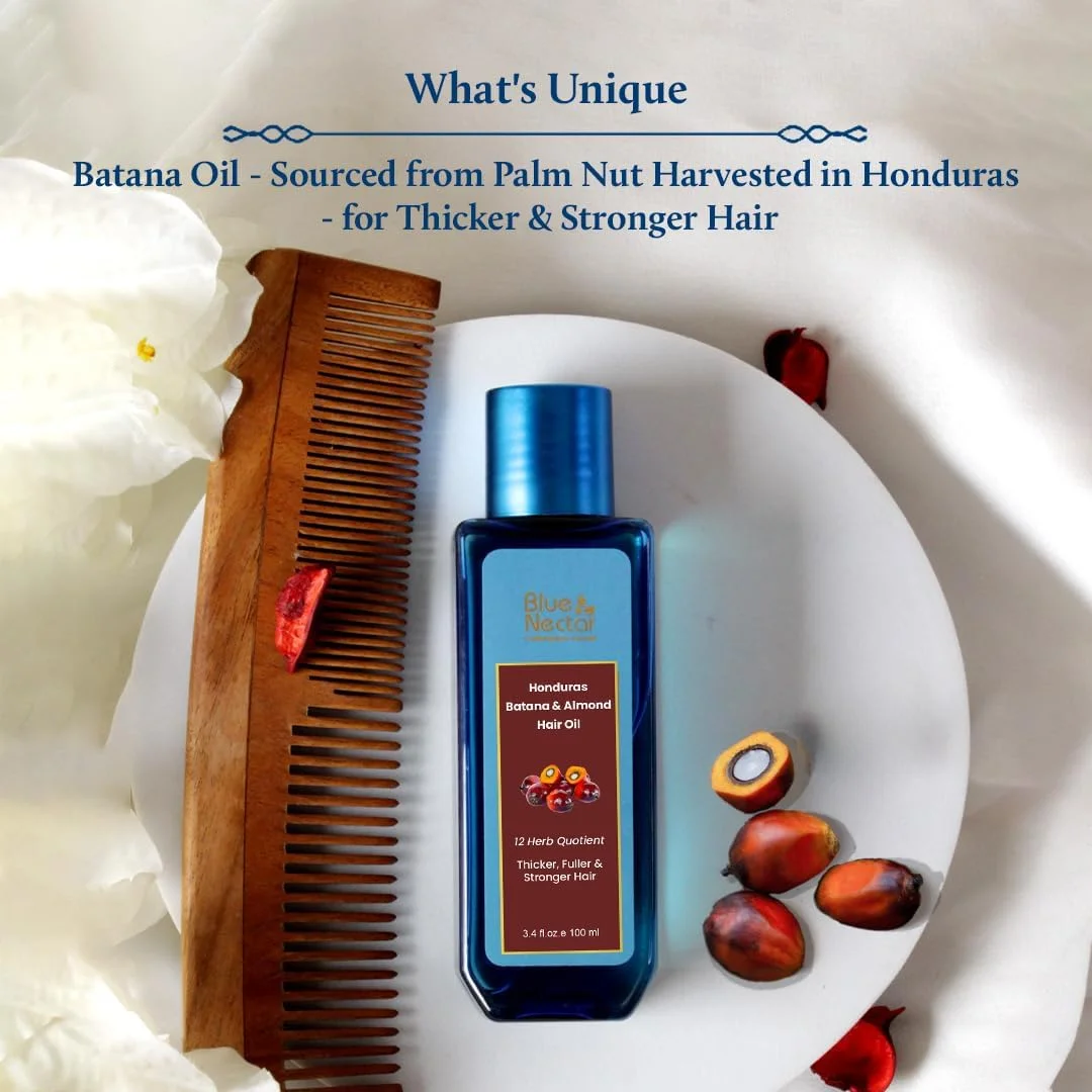 روغن باتانا Blue Nectar برای موهای ضخیم تر | روغن باتانا خالص هندوراس برای رشد مو با روغن بادام ارگانیک | روغن آیورودا برای رشد مو و موهای قوی تر (12 گیاه، 100 میلی لیتر)