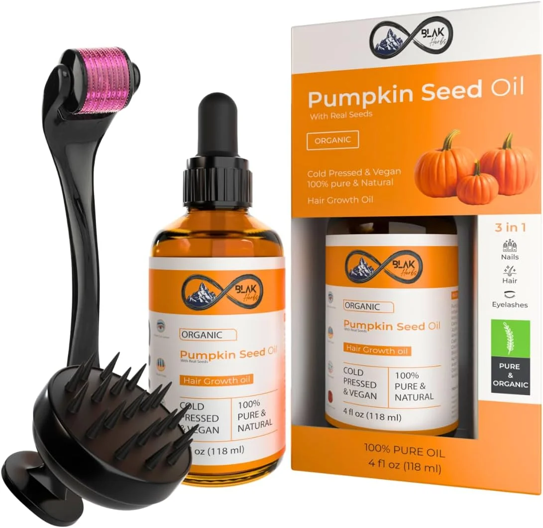 روغن دانه کدو تنبل ارگانیک بلک هربز - پرس سرد و وگان، روغن رشد مو 100% خالص و طبیعی برای مو، ریش، ناخن و مژه - 118 میلی لیتر به همراه درمارولر و ماساژور پوست سر روغن دانه کدو تنبل ارگانیک بلک هربز - پرس سرد و وگان، روغن رشد مو 100% خالص و طبیعی برای مو، ریش، ناخن و مژه - 118 میلی لیتر به همراه درمارولر و ماساژور پوست سر