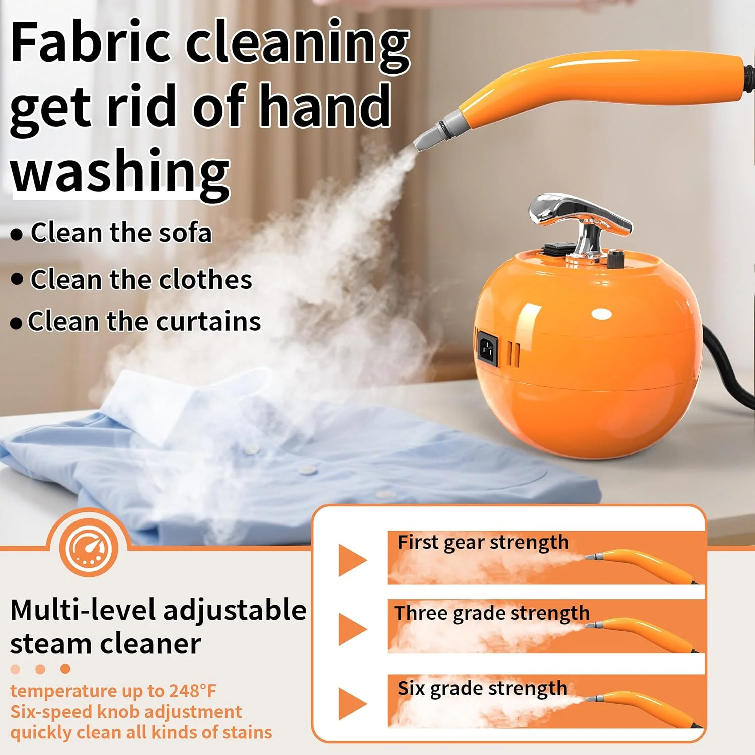 بخارشوی دستی 2000 واتی، تمیز کننده چند منظوره با دمای بالای 120 درجه سانتیگراد با مخزن 1500 میلی لیتری، 6 تنظیمات قابل تنظیم برای تمیز کردن چربی آشپزخانه و خودرو، نارنجی بخارشوی دستی 2000 واتی، تمیز کننده چند منظوره با دمای بالای 120 درجه سانتیگراد با مخزن 1500 میلی لیتری، 6 تنظیمات قابل تنظیم برای تمیز کردن چربی آشپزخانه و خودرو، نارنجی