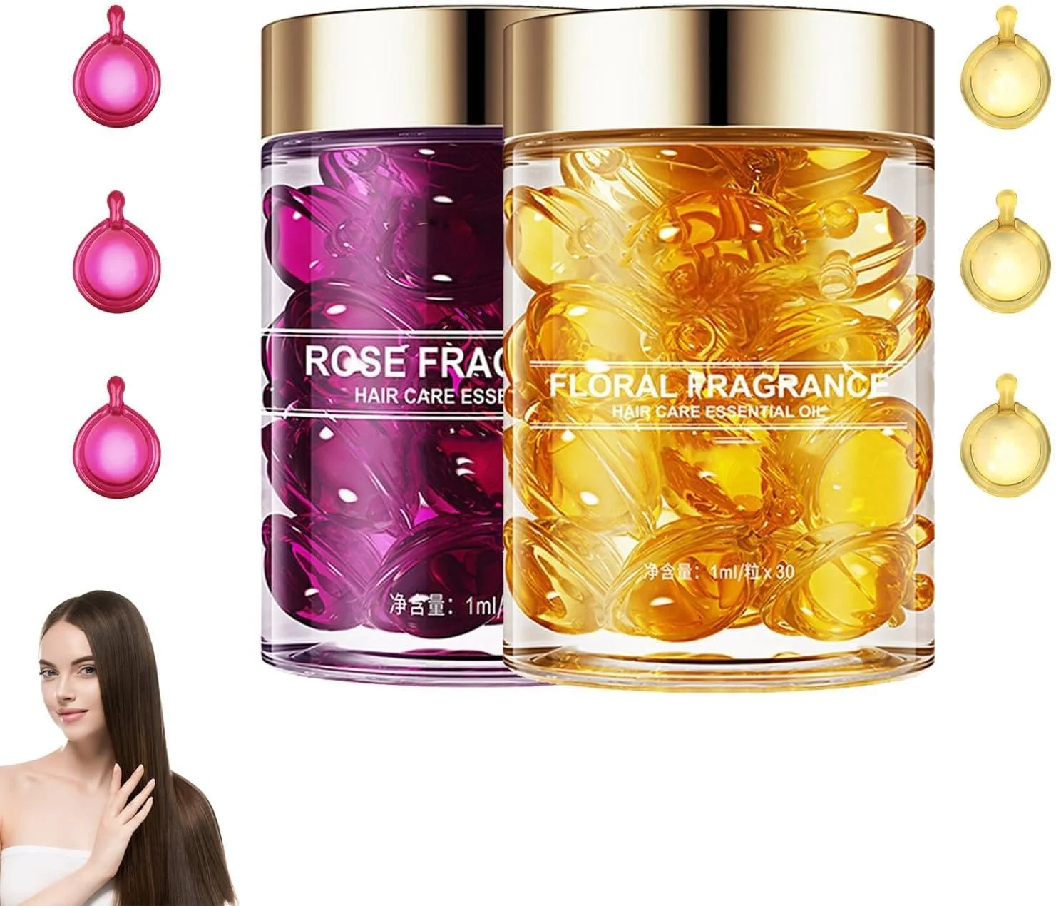 کپسول های نالاکال برای مراقبت از مو، 2 بطری 30 عددی سرم روغن مو، روغن ضروری ترمیم کننده مو ضد وز و مرطوب کننده برای ترمیم و مراقبت از مو، بهبود خشکی و وز (رز قرمز، زرد)