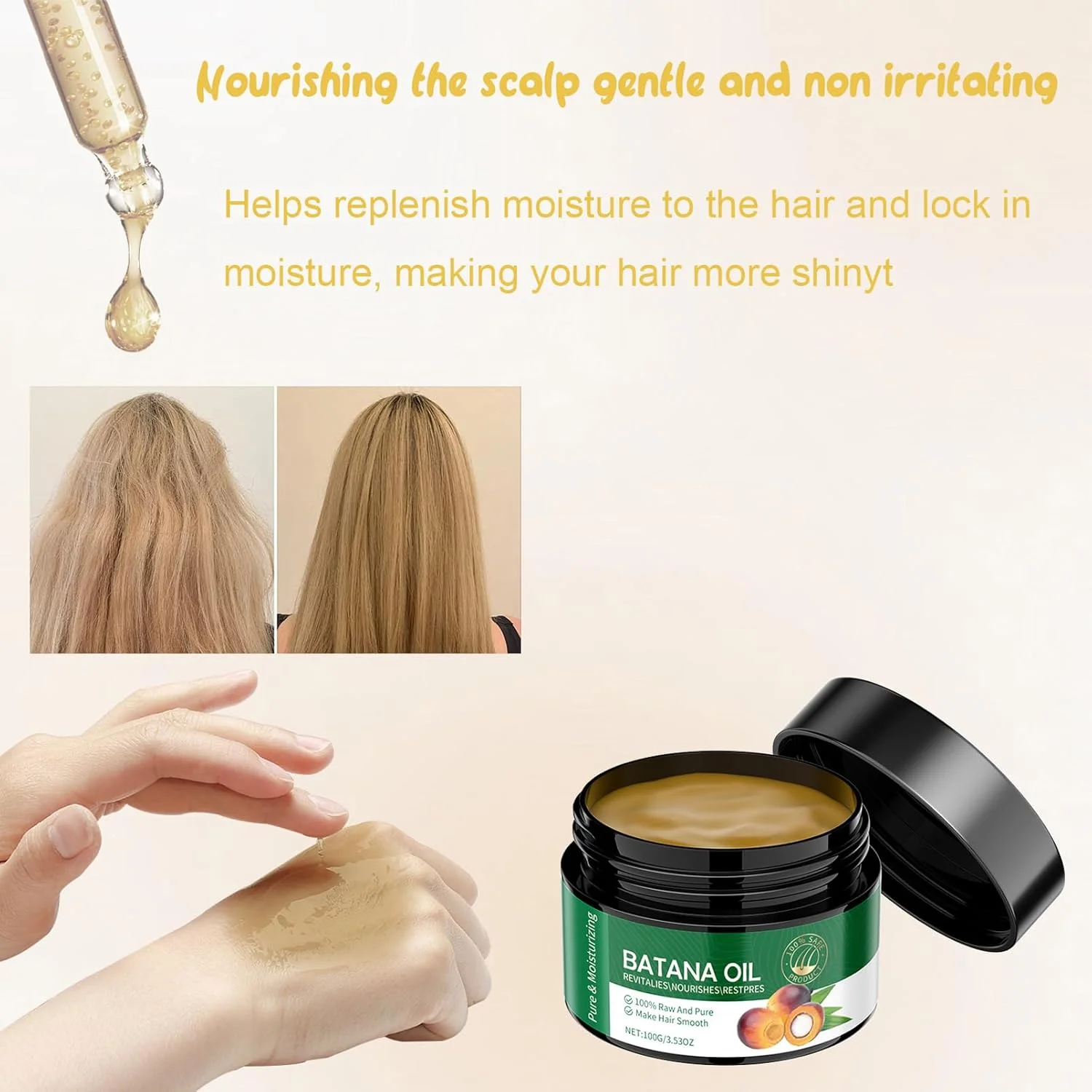 روغن خام باتانا 100 گرمی، روغن خام طبیعی باتانا برای رشد مو، ترمیم موهای آسیب دیده، روغن محافظ مو برای کنترل وز مو، رشد طبیعی مو موثر در برابر آلوپسی منطقه ای