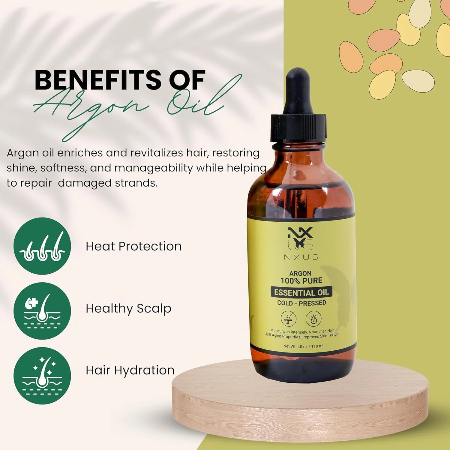 روغن آرگان خالص 118 میلی لیتری NXUS، درمان موهای آسیب دیده و پوست خشک، روغن پرس سرد طبیعی برای مو، ریش، ناخن و پوست (تکی، 1 عدد)