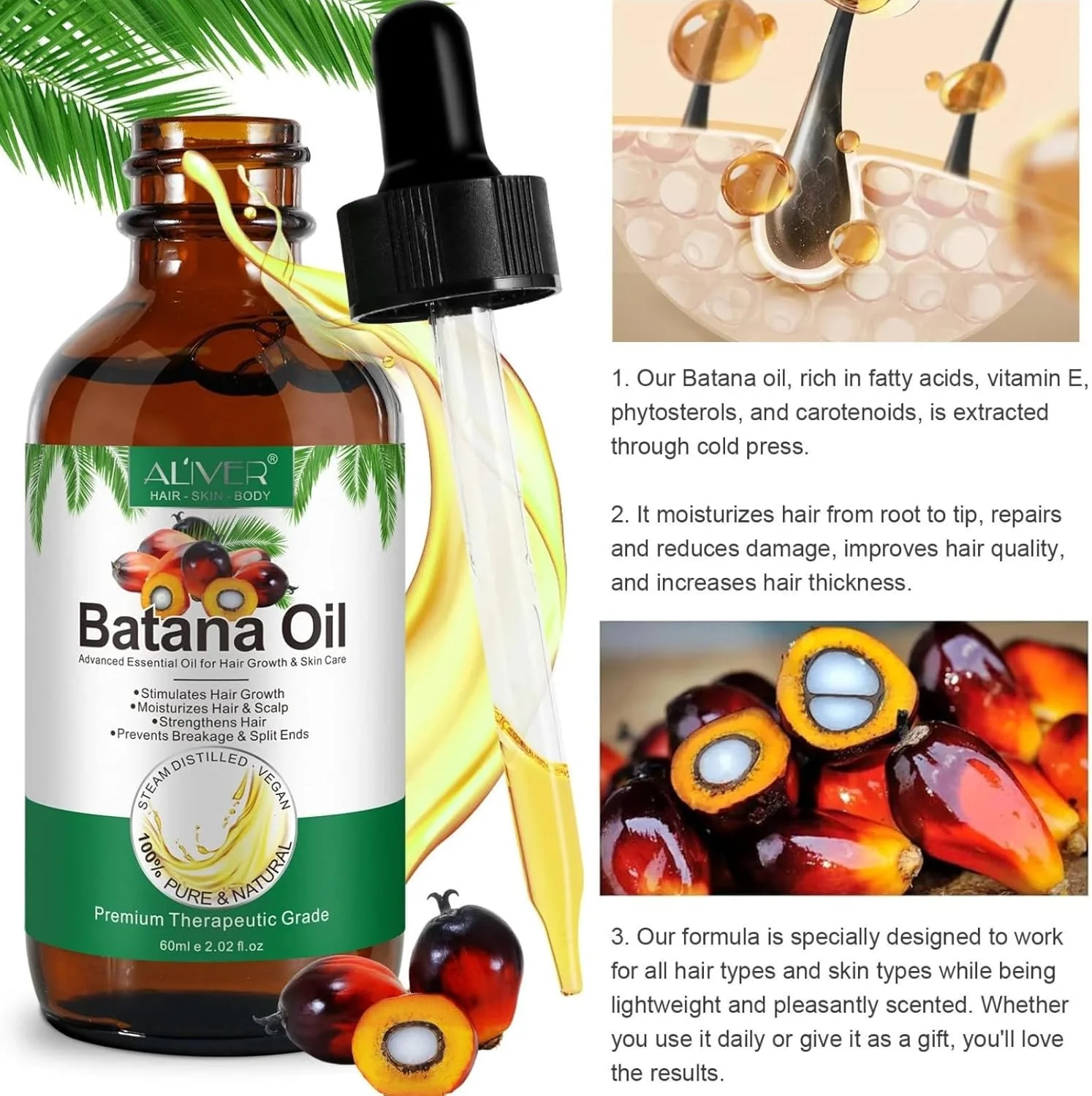 نیکیتا ویوی - روغن باتانا و رزماری برای رشد مو به همراه ماساژور پوست سر (2x60 میلی لیتر) | روغن باتانا خام 100% طبیعی و روغن ضروری رزماری برای رشد مو، مژه و ابرو | ترمیم موهای آسیب دیده