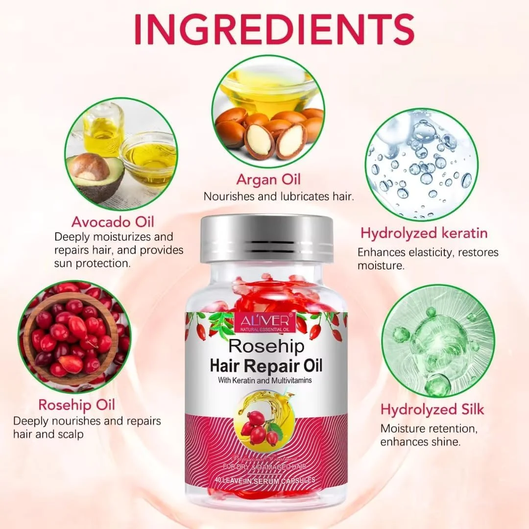 روغن دانه گل رز ارگانیک برای مو، روغن ترمیم کننده مو دانه گل رز 40 عددی، درخشان کننده، مغذی، ترمیم کننده موهای خشک و آسیب دیده با کراتین، آرگان و آووکادو، سرم درمان مو