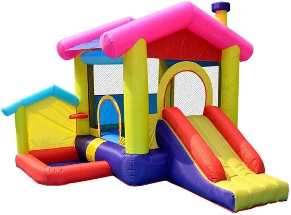 قلعه بادی و سرسره ترامپولین کودکان QRSTUVW ترامپولین خانگی اسباب بازی های کوچک داخل و خارج از منزل قلعه بازی زمین بازی کودکان سرسره رنگی 320 285 243 سانتی متر مدل A