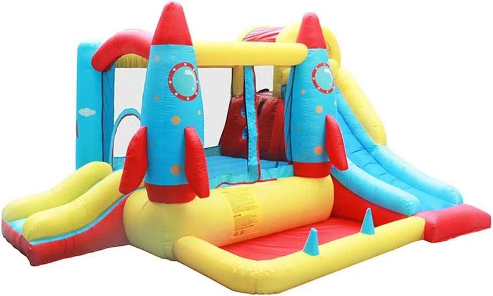 قلعه بادی موشکی QRSTUVW مناسب کودکان، جامپینگ بادی کودکان برای فضای باز، قلعه بادی با سرسره دوتایی مجهز به دمنده، اسباب بازی های بادی زمین بازی