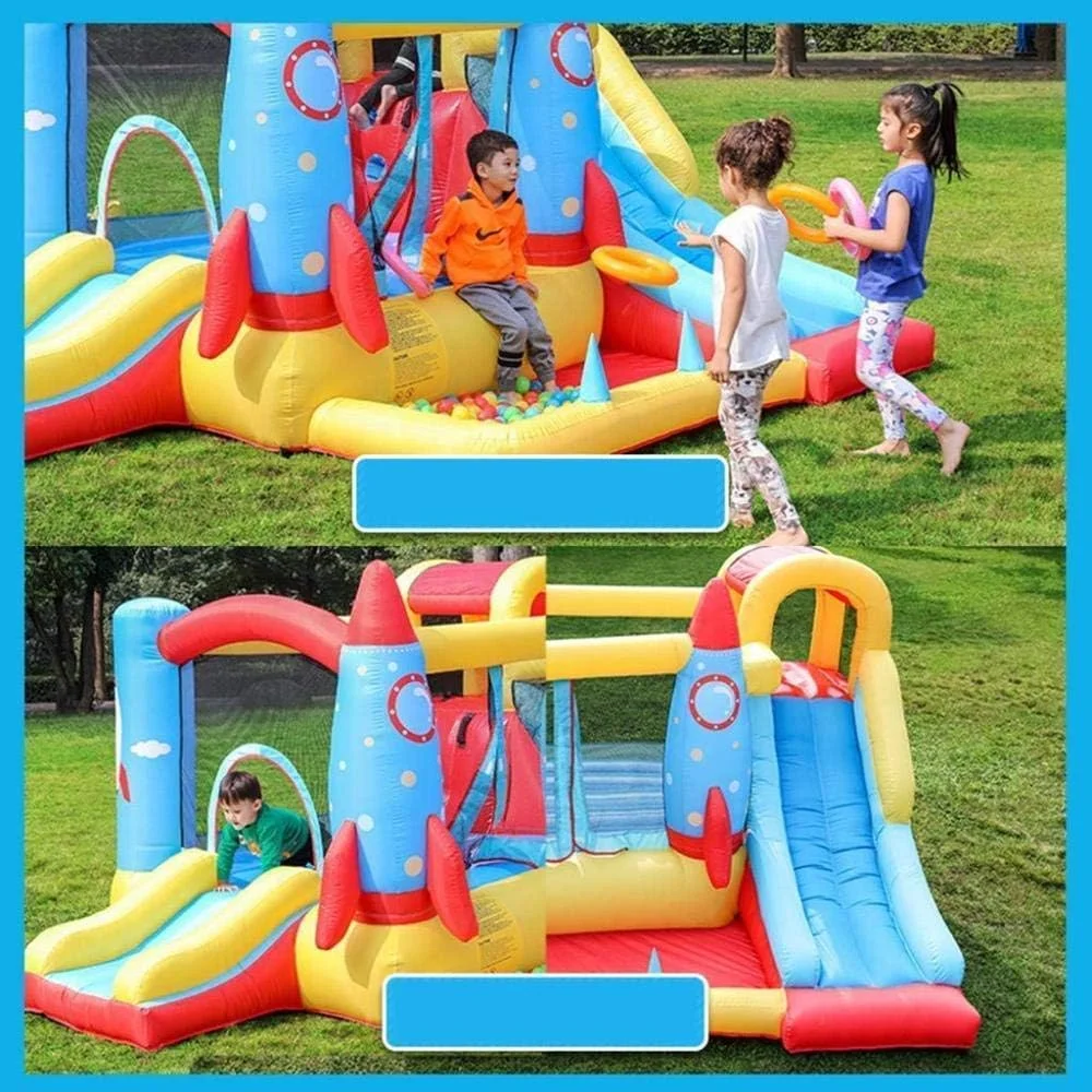 قلعه بادی کودک QRSTUVW، ترامپولین موشکی کودکان، سرسره داخلی، دیوار صخره نوردی، اسباب بازی قلعه بازیگوش، زمین بازی مربع شکل، رنگ ها 340 * 280 * 185 سانتی متر